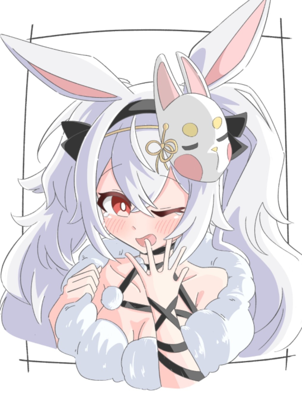 laffey (azur lane), laffey ii (azur lane), azur lane, highres, 1girl, animal ears, bare shoulders, black hairband, breasts, cropped torso, crossed bangs, fur trim, hairband, hands up, looking at viewer, mask, mask on head, messy hair, official alternate costume, one eye closed, open mouth, rabbit ears, red eyes, reiremi, simple background, small breasts, solo, white background, white hair, yawning