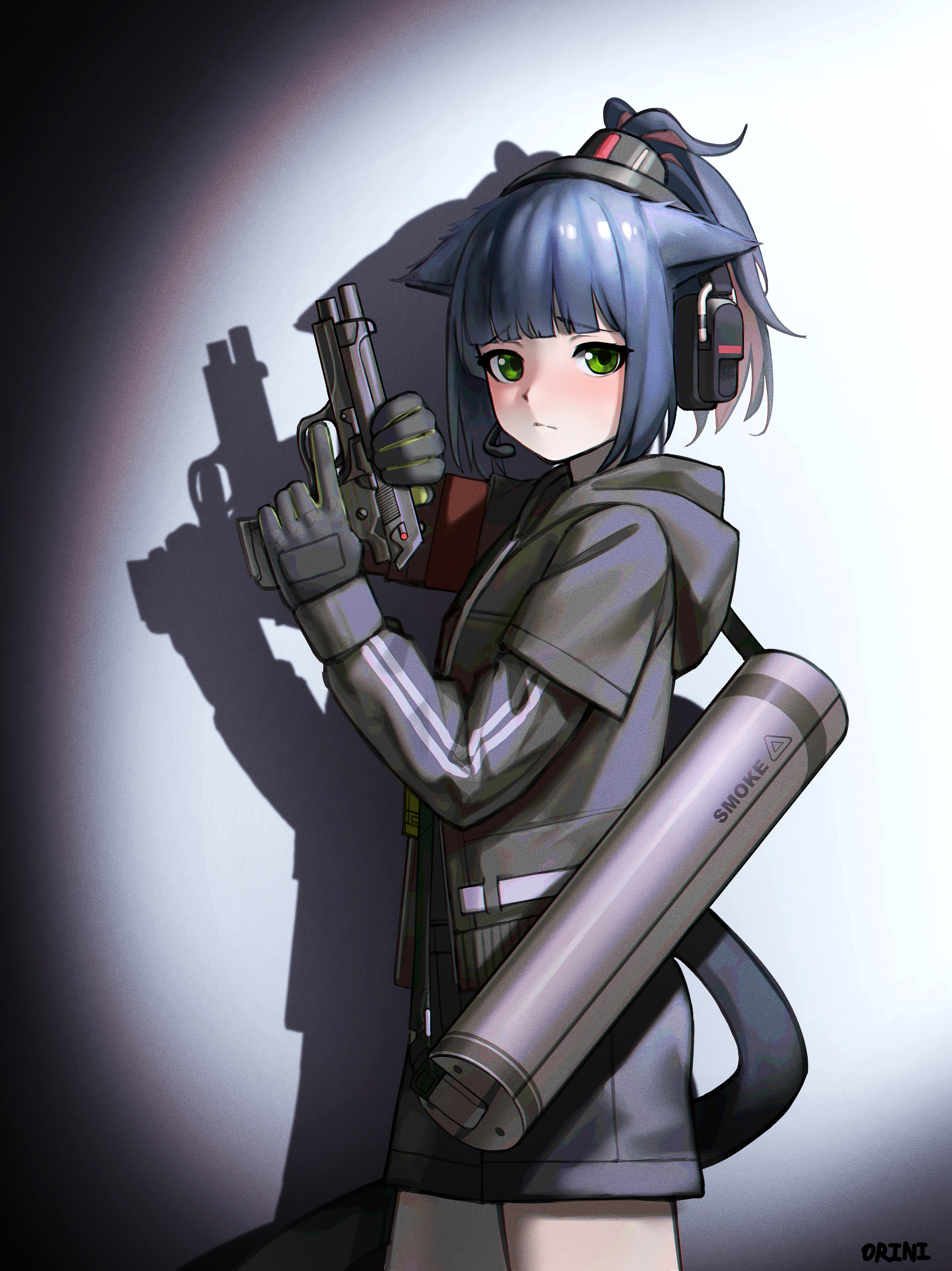 orini, jessica (arknights), arknights, absurdres, highres, 1girl, animal ears, black gloves, blue hair, breasts, from side, gloves, green eyes, gun, handgun, headphones, holding, holding gun, holding weapon, jacket, long hair, looking at viewer, ponytail, shorts, small breasts, solo, standing, tail, weapon