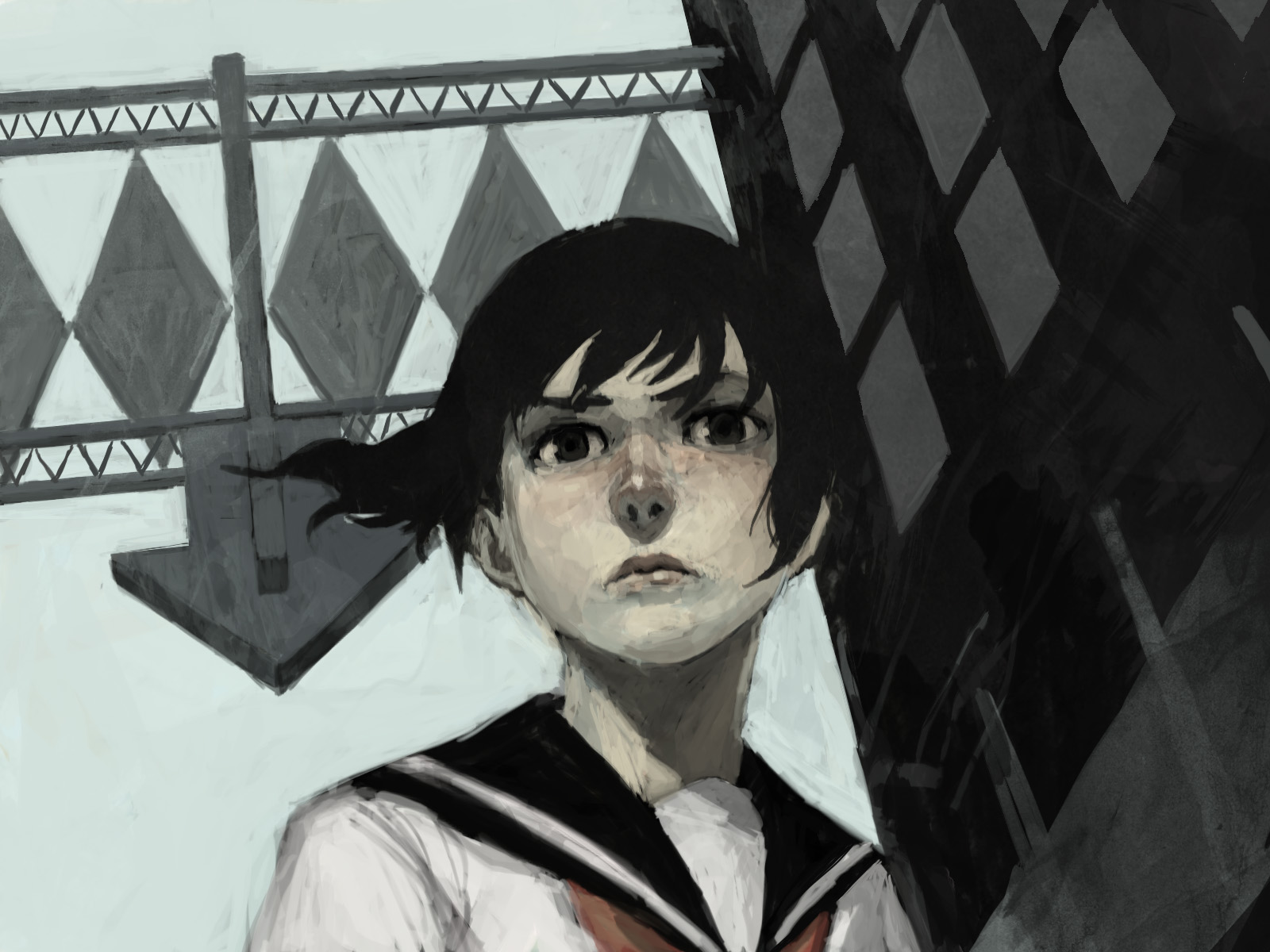 nababa, original, bad id, bad pixiv id, highres, 1girl, black hair, city, female focus, lips, school uniform, serafuku, short hair, solo
