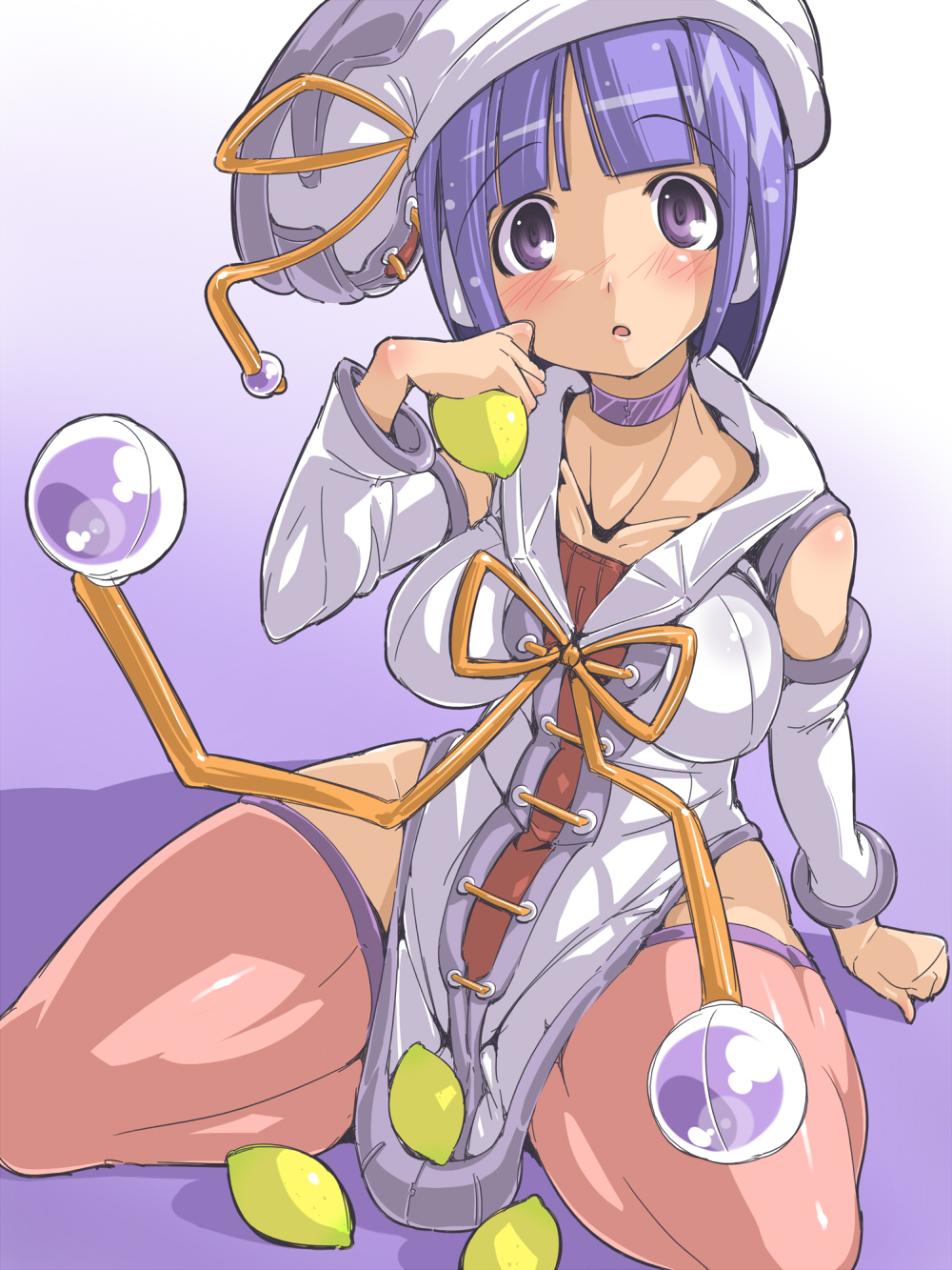 chris (mario), original, highres, 1girl, blush, choker, detached sleeves, female focus, food, fruit, hat, holding, holding food, holding fruit, kneeling, lemon, purple eyes, purple hair, short hair, solo, thighhighs