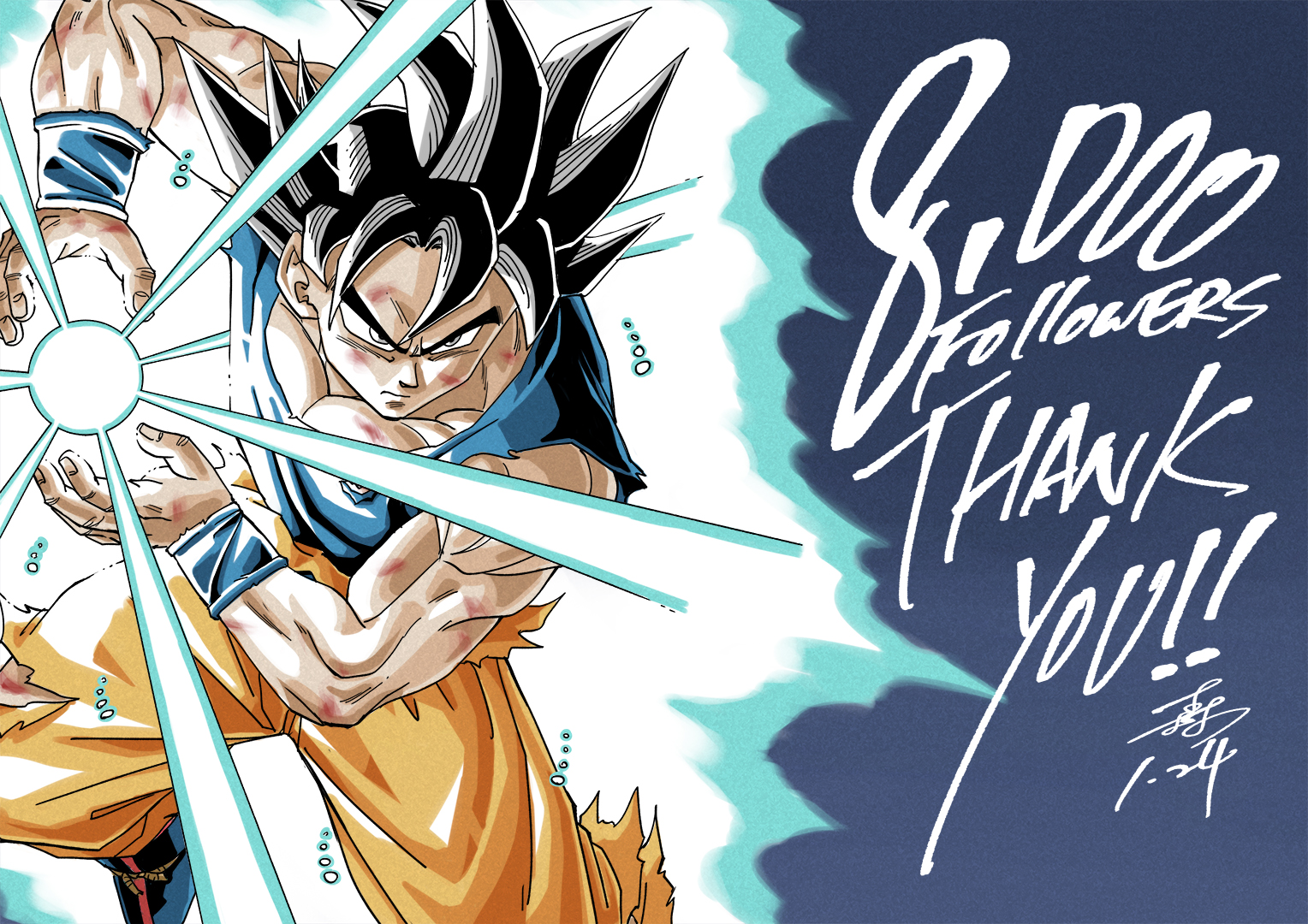 forest 1988, son goku, dragon ball, dragon ball super, 1boy, aura, black hair, blue background, blue sash, blue shirt, dated, dougi, energy ball, english text, glowing, grey eyes, kamehameha (dragon ball), male focus, medium hair, milestone celebration, muscular, muscular male, orange pants, orange shirt, pants, powering up, sash, shirt, signature, simple background, solo, spiked hair, thank you, ultra instinct sign