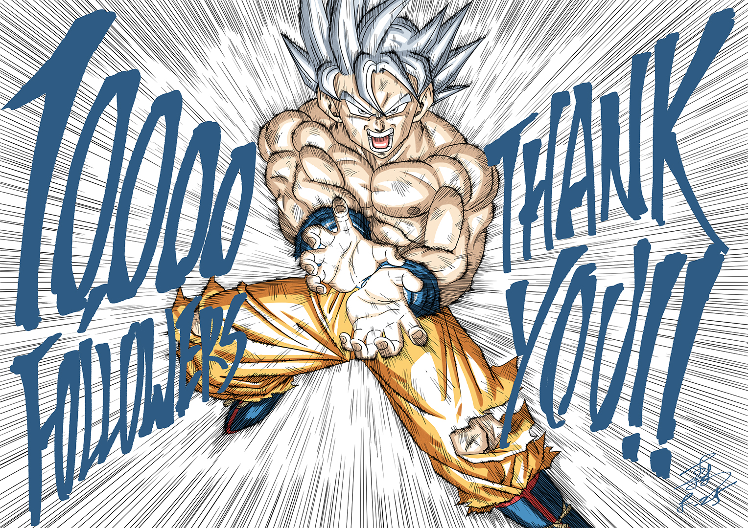 forest 1988, son goku, dragon ball, dragon ball super, 1boy, blue sash, dated, dougi, english text, grey eyes, grey hair, kamehameha (dragon ball), male focus, medium hair, milestone celebration, motion lines, muscular, muscular male, open mouth, orange pants, pants, sash, signature, simple background, solo, speed lines, spiked hair, thank you, topless male, white background