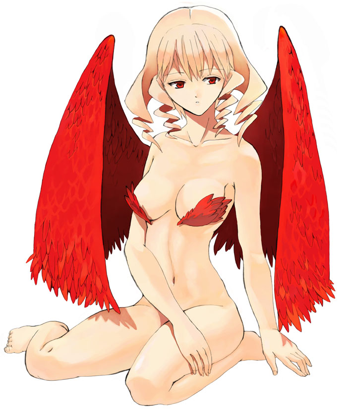 krsg (yuusen wireless), kura, 1girl, blonde hair, breasts, cleavage, drill hair, feathers, female focus, nude, red eyes, short hair, simple background, sitting, solo, wings