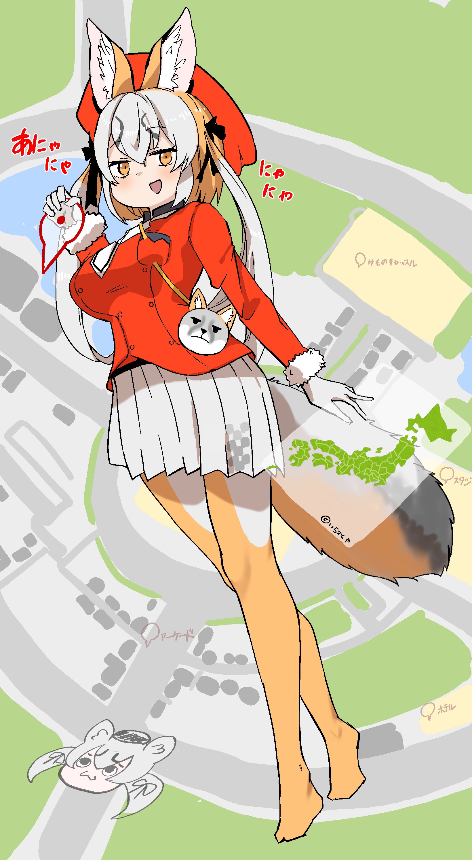 llb, island fox (kemono friends), kanihai, kemono friends, kemono friends v project, absurdres, highres, 1girl, animal ears, bag, belt, brown eyes, brown hair, extra ears, fox ears, fox girl, fox tail, geoguessr, gloves, grey hair, hat, jacket, long hair, looking at viewer, necktie, pantyhose, ribbon, shirt, shoulder bag, skirt, tail, twintails, virtual youtuber