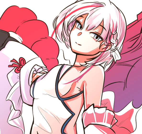 i-404 (azur lane), azur lane, 1girl, braid, breasts, closed mouth, grey eyes, japanese clothes, looking at viewer, multicolored hair, odoriko fm, red hair, red streaks, sideboob, simple background, sketch, smile, solo, streaked hair, upper body, white background, white hair