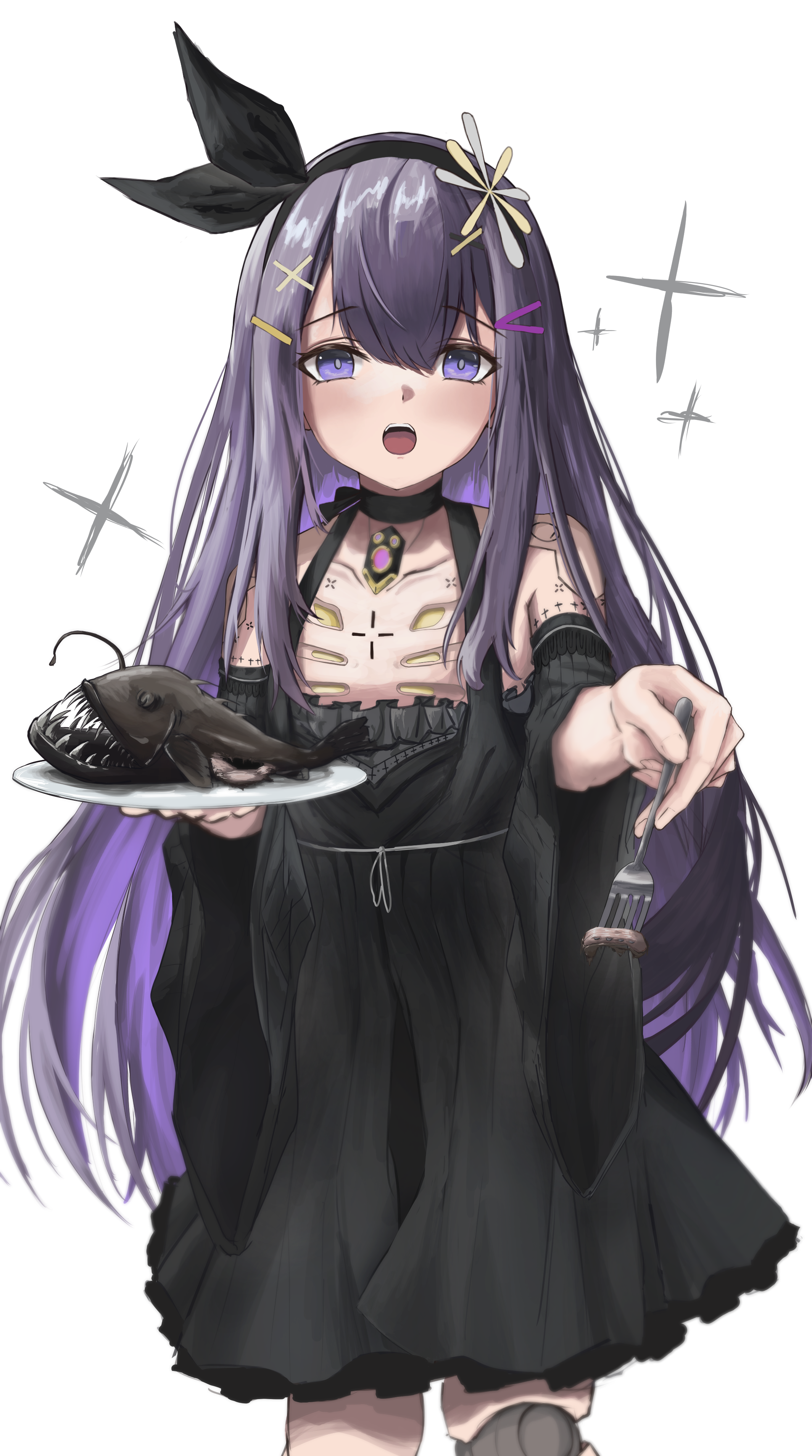 lithos (pgr), punishing: gray raven, absurdres, commentary, english commentary, highres, 1boy, anglerfish, black choker, black dress, black hairband, choker, crossdressing, crossdressing (mtf), detached sleeves, dress, fish, flower, fork, grey background, hair flower, hair ornament, hairband, hairclip, holding, holding fork, incoming food, long hair, looking at viewer, male focus, mechabare, open mouth, purple eyes, purple hair, rhea arm, simple background, solo, teeth, trap, upper teeth only, very long hair, x hair ornament