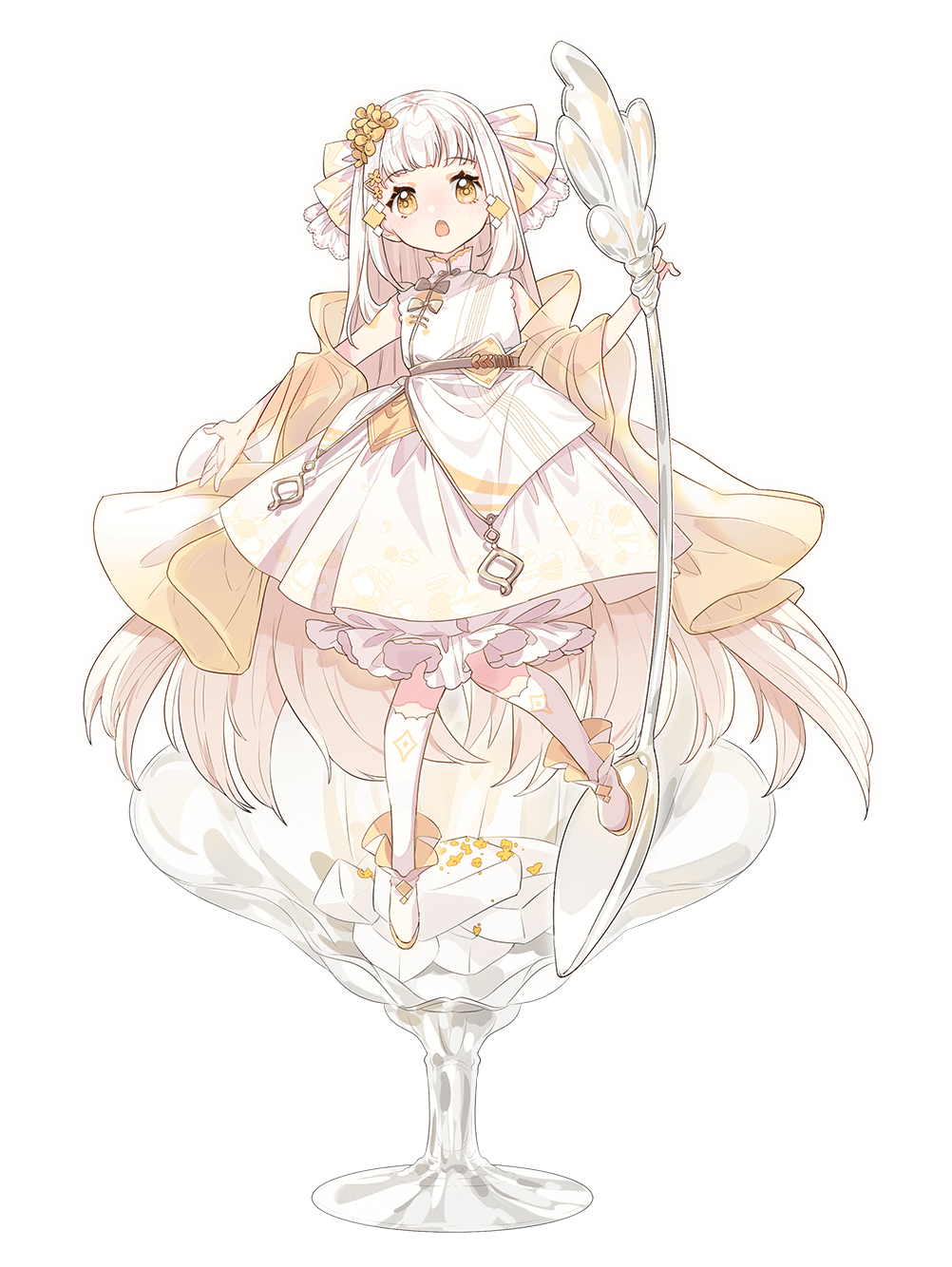 he ji (ryou), food fantasy, highres, official art, third-party source, 1girl, almond tofu (food fantasy), dress, full body, holding, holding spoon, long hair, looking at viewer, shoes, simple background, socks, solo, spoon, transparent background, very long hair, white dress, white hair, white shoes, white socks, yellow eyes