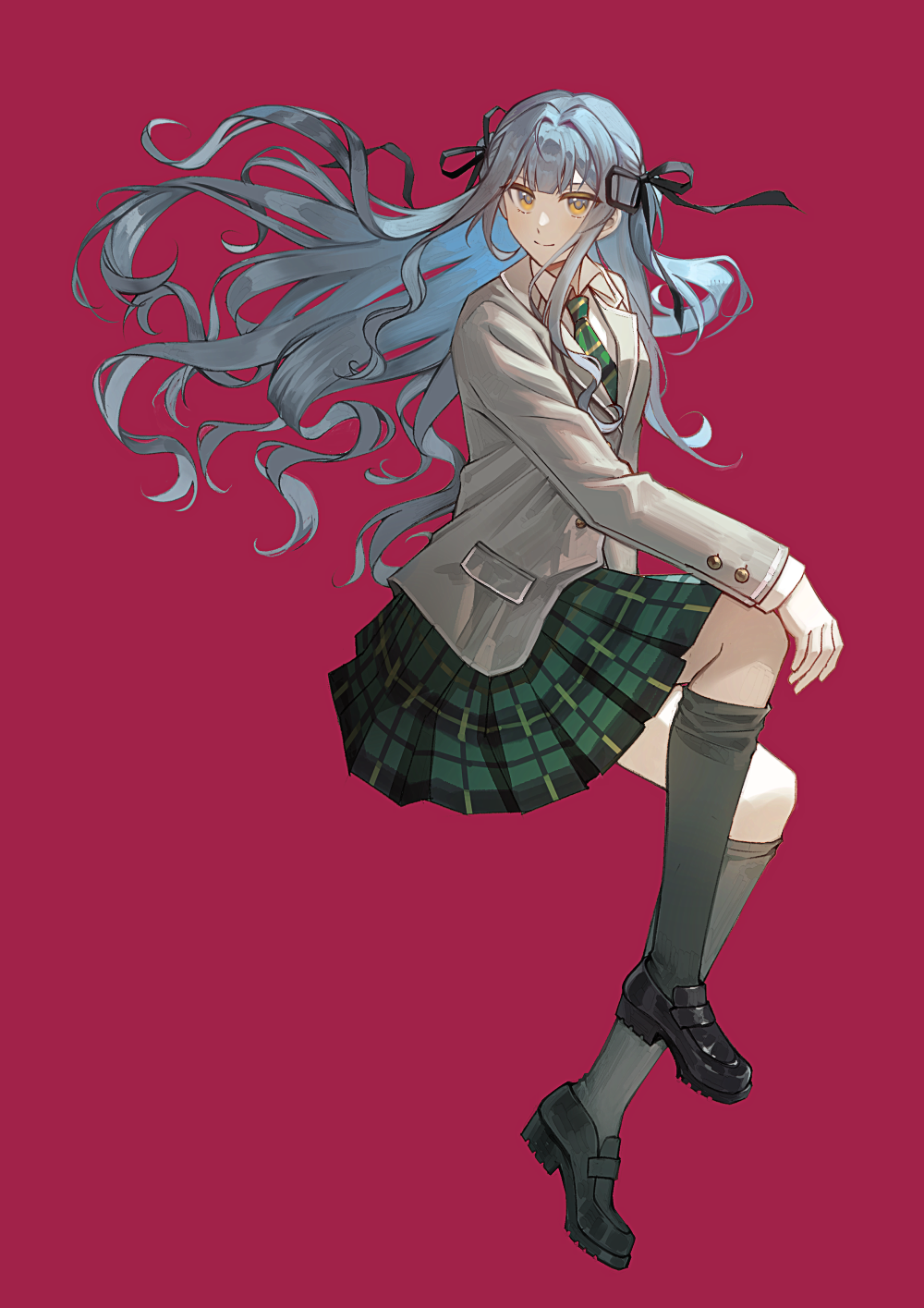 kleinlight, togawa sakiko, bang dream!, bang dream! it's mygo!!!!!, highres, 1girl, black ribbon, black shoes, black socks, blazer, blue hair, blunt bangs, closed mouth, collared shirt, dated commentary, diagonal-striped clothes, diagonal-striped necktie, floating hair, full body, green necktie, green skirt, grey jacket, hair ribbon, haneoka school uniform, invisible chair, jacket, kneehighs, loafers, long hair, long sleeves, looking at viewer, necktie, pink background, plaid clothes, plaid skirt, pleated skirt, ribbon, school uniform, shirt, shoes, sidelocks, simple background, sitting, skirt, smile, socks, solo, striped clothes, two side up, white shirt, yellow eyes