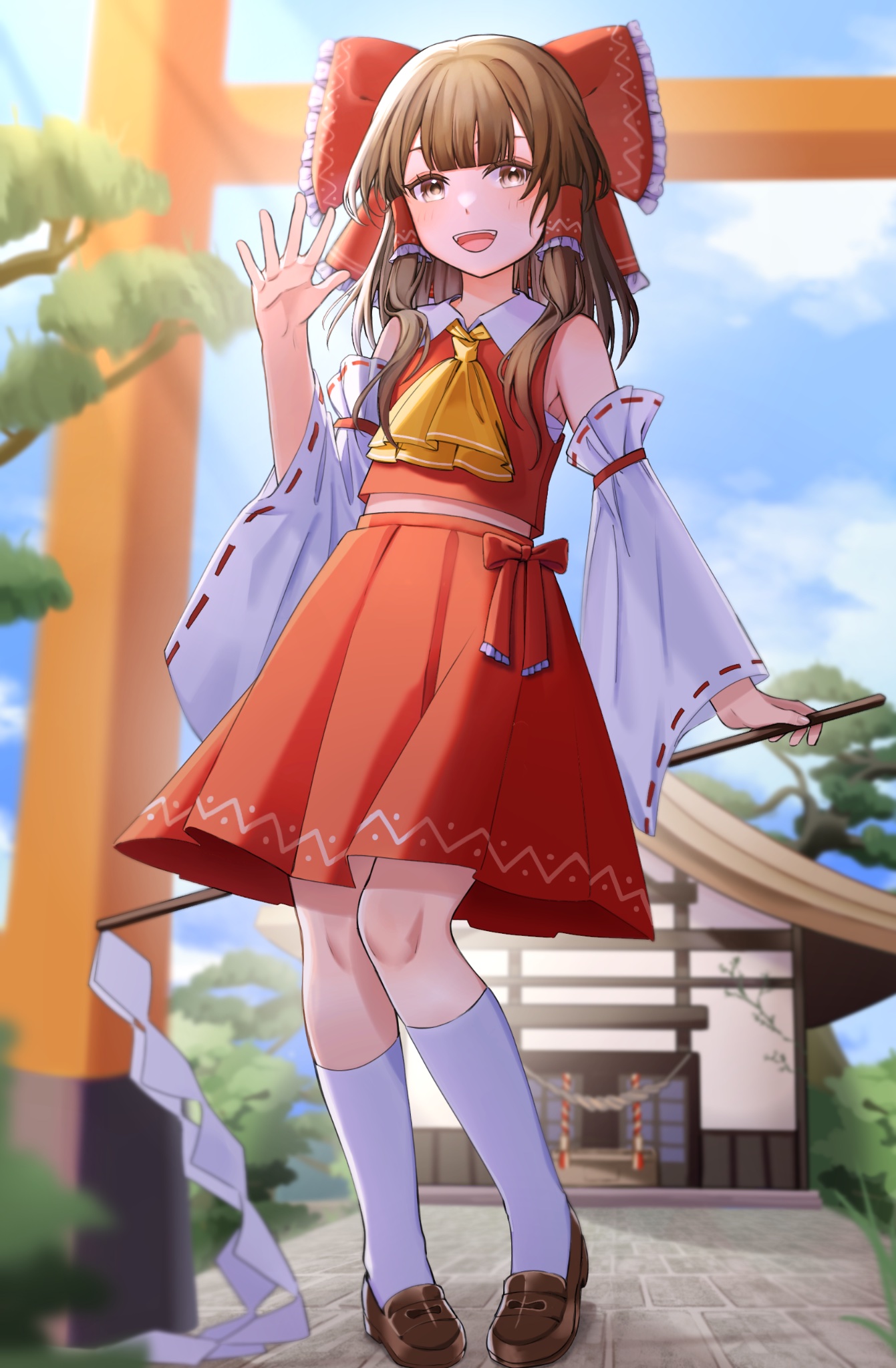 mayu25 mayu25, hakurei reimu, touhou, commentary request, highres, 1girl, ascot, bow, brown eyes, brown hair, brown shoes, building, detached sleeves, frilled bow, frilled hair tubes, frills, gohei, hair bow, hair tubes, holding, holding gohei, kneehighs, loafers, long hair, looking at viewer, open mouth, outdoors, pleated skirt, red bow, red skirt, ribbon-trimmed sleeves, ribbon trim, shoes, skirt, skirt set, smile, socks, solo, torii, white socks, yellow ascot