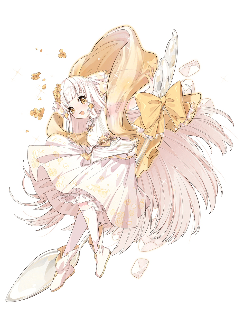 he ji (ryou), food fantasy, highres, official art, third-party source, 1girl, :d, almond tofu (food fantasy), bow, dress, full body, hair ornament, looking at viewer, open mouth, shoes, simple background, smile, socks, solo, sparkle, spoon, transparent background, white dress, white hair, white shoes, white socks, yellow bow, yellow eyes