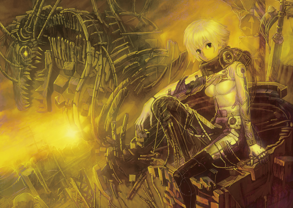 ogata 18, original, silver hair, 1girl, cable, city, cyborg, dystopia, female focus, machine, ruins, science fiction, solo
