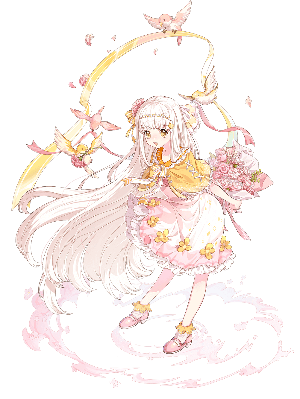 he ji (ryou), food fantasy, highres, 1girl, :d, almond tofu (food fantasy), bird, bouquet, capelet, dress, flower, frilled dress, frills, hair ornament, holding, holding bouquet, long hair, looking at viewer, open mouth, pink dress, pink flower, pink shoes, shoes, simple background, smile, socks, solo, tongue, transparent background, very long hair, white hair, white socks, yellow capelet, yellow eyes