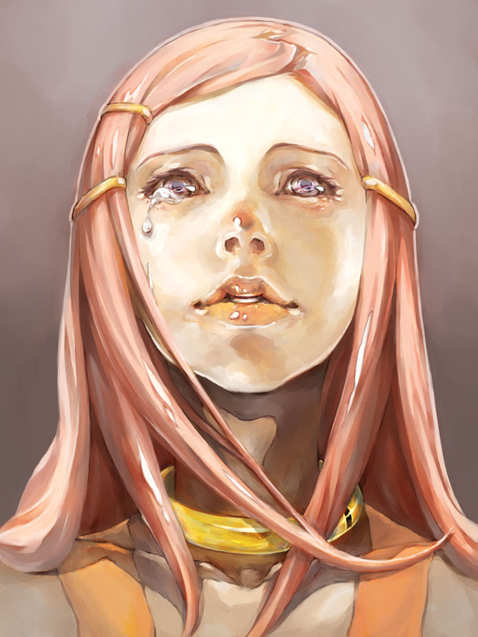 chris (dandelion), anemone (eureka seven), eureka seven, eureka seven (series), 00s, 1girl, choker, female focus, lips, pink hair, purple eyes, realistic, solo, tears