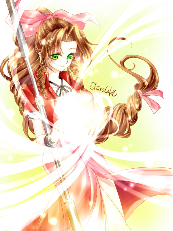 shirataki kaiseki, aerith gainsborough, final fantasy, final fantasy vii, 1girl, bow, bracelet, braid, brown hair, closed mouth, cowboy shot, cropped jacket, curly sidelocks, dress, green background, green eyes, hair bow, jacket, jewelry, long hair, magic, parted bangs, pink bow, pink dress, red jacket, simple background, single braid, smile, solo, staff, standing