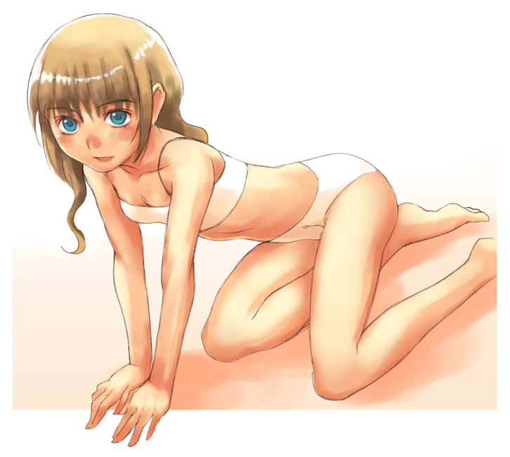 jumpei, original, 1girl, arm support, barefoot, blue eyes, bra, female focus, lingerie, panties, solo, underwear, underwear only