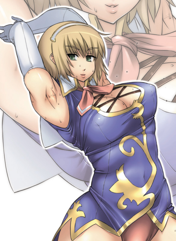 enoshima iki, cassandra alexandra, soul calibur, 1girl, armpits, artistic error, blonde hair, breasts, cleavage, elbow gloves, female focus, gloves, green eyes, huge breasts, necktie, pink necktie, short hair, solo, sweat, zoom layer