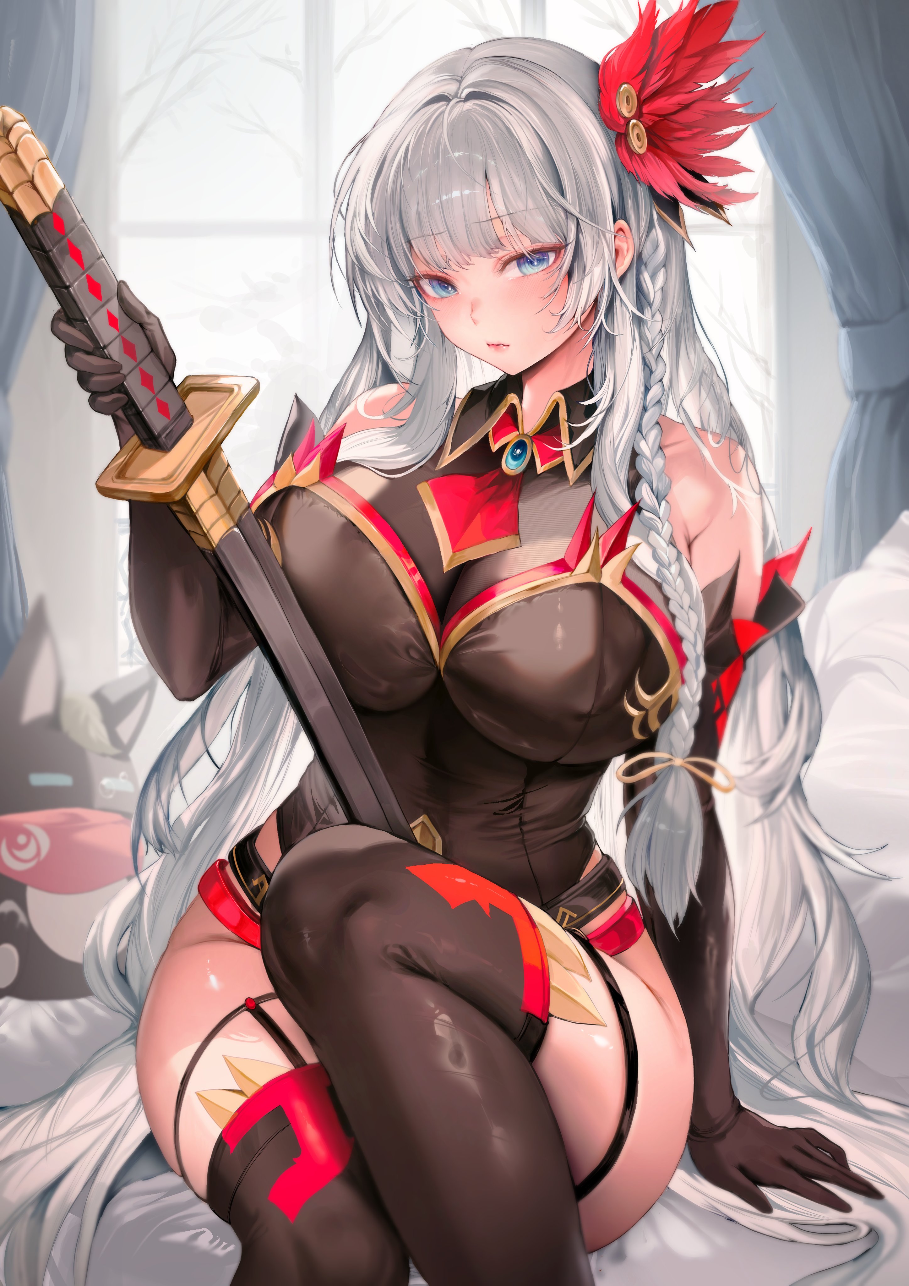 zerocat, original, absurdres, highres, 1girl, bare shoulders, black gloves, black leotard, black thighhighs, blue eyes, blush, braid, breasts, cleavage, closed mouth, collared leotard, elbow gloves, feather hair ornament, feathers, garter straps, gloves, hair ornament, holding, holding sword, holding weapon, huge breasts, indoors, leotard, long hair, looking at viewer, side braid, sitting, solo, sword, thigh strap, thighhighs, very long hair, weapon, white hair