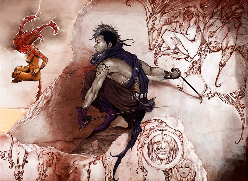 mage head, cliff, demon girl, fantasy, from side, gloves, mohawk, shoulder tattoo, sword, tattoo, weapon, witch