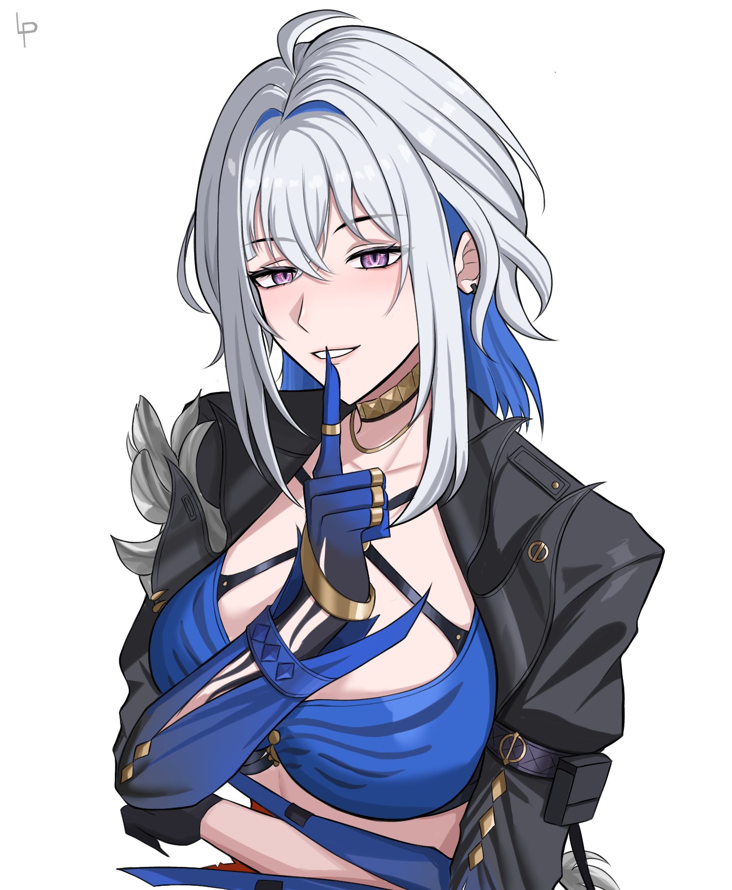 luckplz, galbrena (wuthering waves), wuthering waves, commentary, highres, 1girl, ahoge, blue hair, breasts, choker, colored inner hair, criss-cross halter, finger to mouth, grey hair, grin, halterneck, hand up, index finger raised, jacket, long sleeves, looking at viewer, medium hair, midriff, multicolored hair, open clothes, open jacket, purple eyes, simple background, smile, solo, upper body, white background