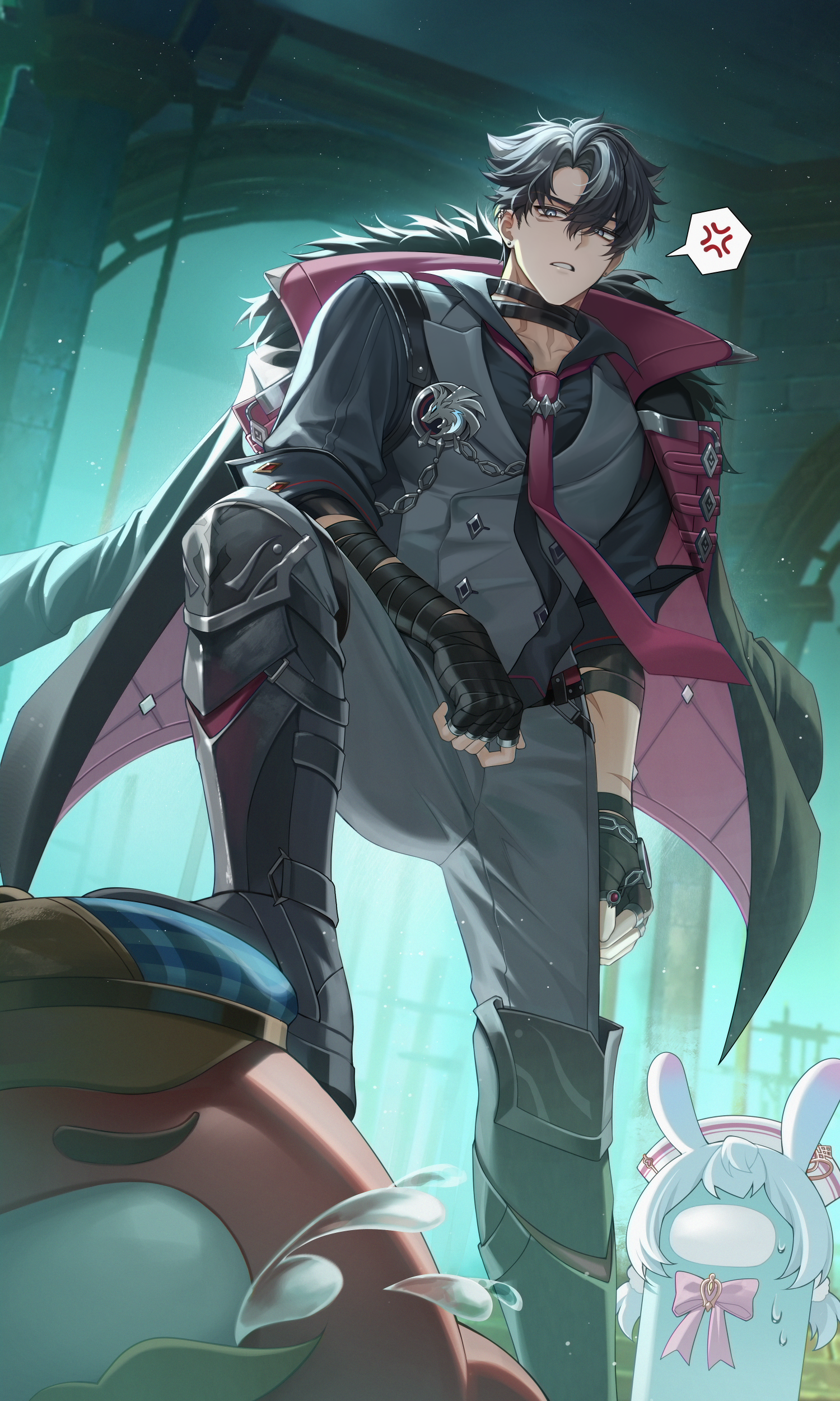 solcha, wriothesley (genshin impact), among us, genshin impact, absurdres, character request, commentary, english commentary, highres, 1boy, anger vein, bandages, black gloves, black hair, blue eyes, closed mouth, earrings, fingerless gloves, gloves, grey hair, hair between eyes, jewelry, male focus, multicolored hair, multiple boys, necktie, pants, scar, shirt, short hair, solo focus, spoken anger vein, streaked hair