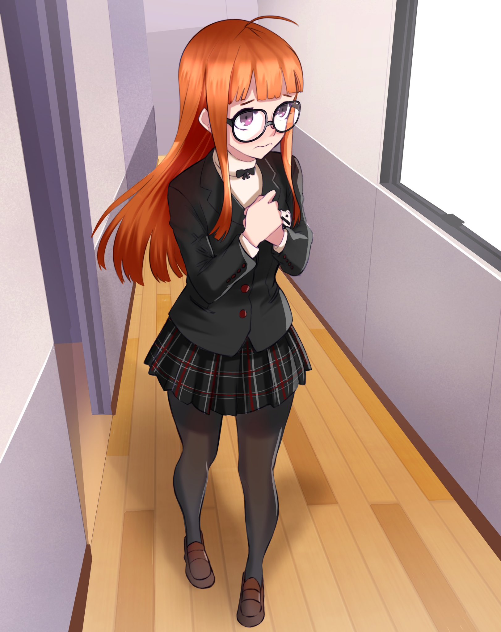 blysill, sakura futaba, persona, persona 5, highres, 1girl, ahoge, black jacket, black pantyhose, black skirt, brown shoes, glasses, hallway, jacket, long hair, miniskirt, orange hair, own hands together, pantyhose, plaid clothes, plaid skirt, purple eyes, shoes, skirt, solo, sweater, very long hair, wavy mouth, white sweater, window