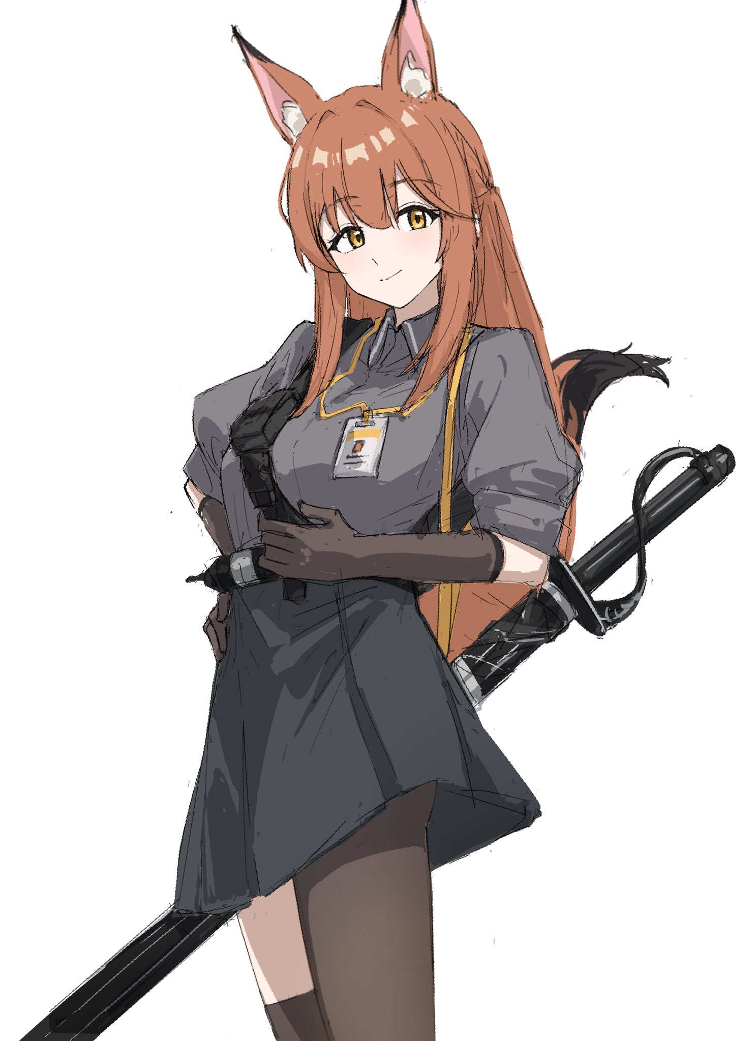 fuyukono, franka (arknights), arknights, highres, 1girl, animal ears, asymmetrical legwear, black skirt, brown gloves, brown hair, brown pantyhose, brown thighhighs, closed mouth, collared shirt, cowboy shot, elbow gloves, fox ears, fox girl, gloves, grey shirt, hair between eyes, hand on own hip, long hair, looking at viewer, pantyhose, pleated skirt, puffy short sleeves, puffy sleeves, shirt, short sleeves, simple background, single leg pantyhose, single thighhigh, sketch, skirt, smile, solo, standing, sword, thighhighs, uneven legwear, weapon, white background, yellow eyes