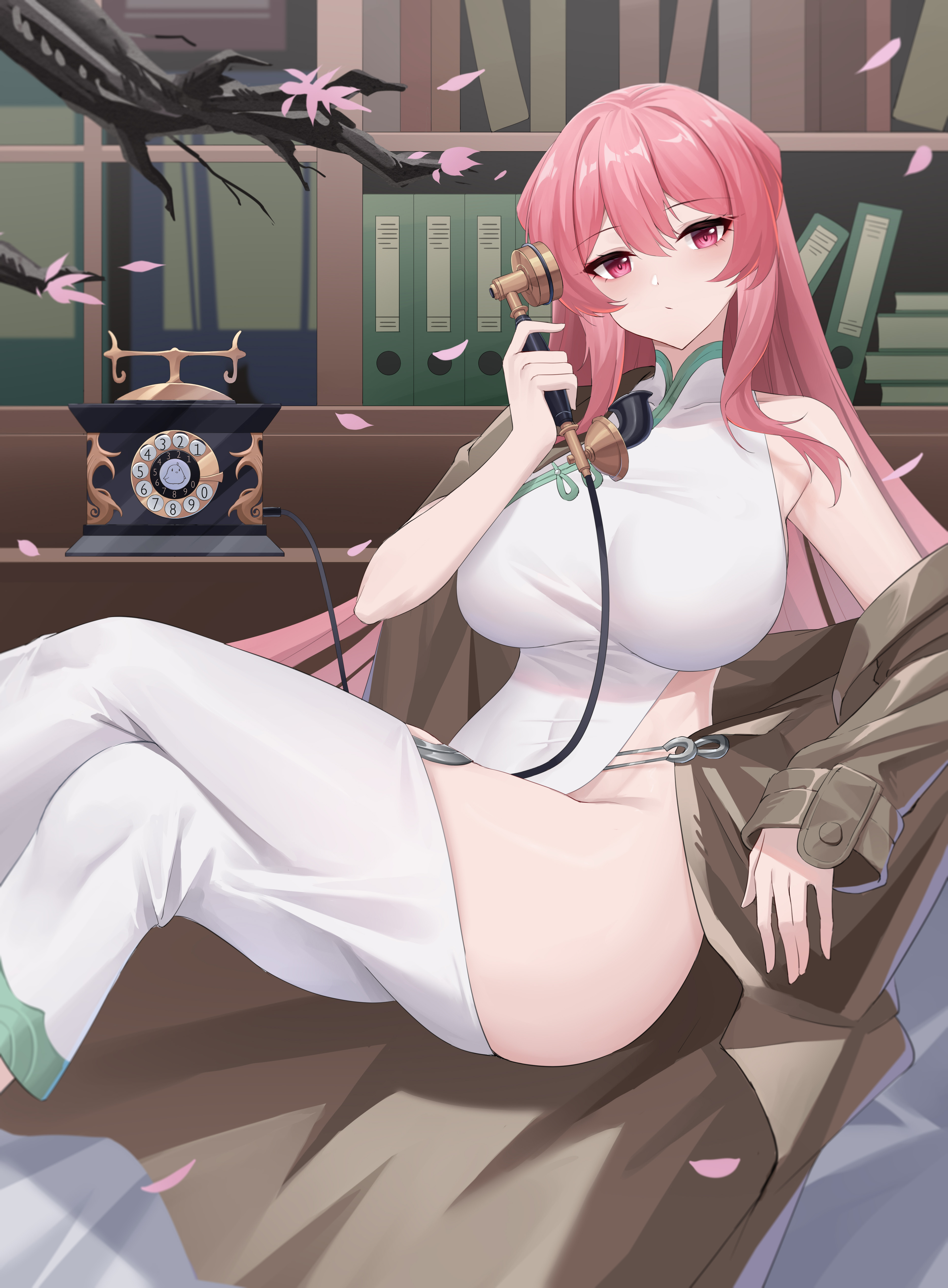 kafeifeifeifeifeifei jiemo jun, perseus (azur lane), perseus (spring lackadaisical leisure) (azur lane), azur lane, absurdres, commentary request, highres, 1girl, bare shoulders, blush, breasts, brown coat, china dress, chinese clothes, closed mouth, coat, crossed legs, dress, hair between eyes, hair spread out, holding, large breasts, long hair, looking at viewer, lying, official alternate costume, pink eyes, pink hair, sitting, sleeveless, solo, thighs, very long hair, white dress