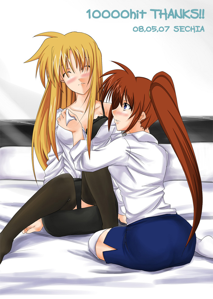 sechia, fate testarossa, takamachi nanoha, lyrical nanoha, mahou shoujo lyrical nanoha, mahou shoujo lyrical nanoha strikers, 00s, 2girls, alternate legwear, bed, black thighhighs, blonde hair, blue eyes, blush, bra, brown hair, closed eyes, frown, lingerie, long hair, milestone celebration, miniskirt, multiple girls, off shoulder, pencil skirt, purple eyes, side ponytail, sitting, skirt, thighhighs, underwear, undressing, very long hair, white thighhighs, wince, yuri