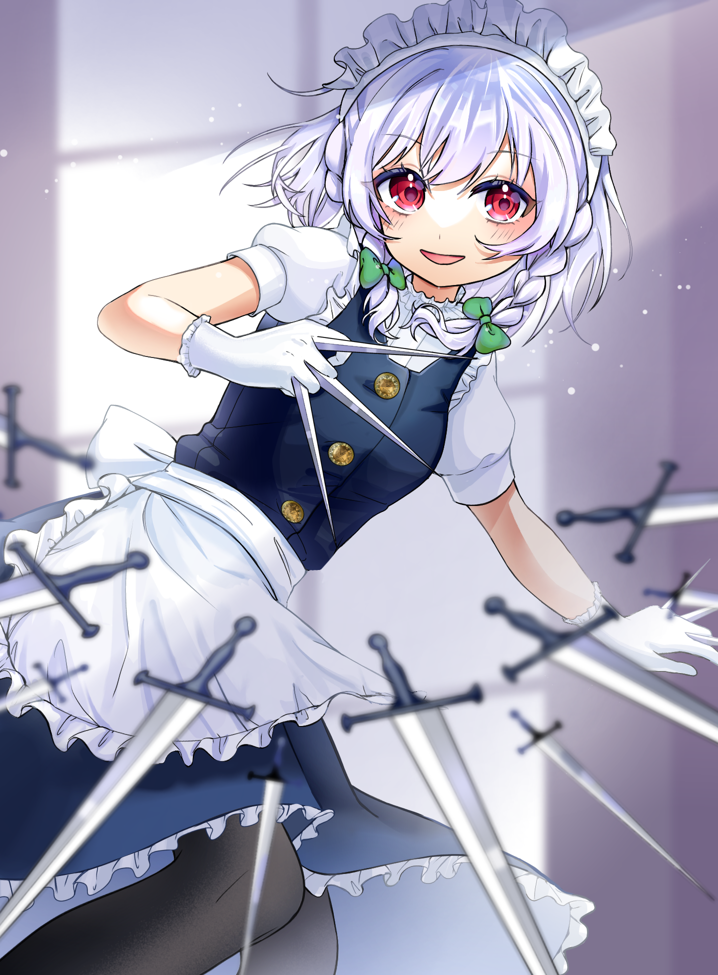 mayu25 mayu25, izayoi sakuya, touhou, commentary, highres, 1girl, apron, between fingers, black pantyhose, bow, braid, gloves, green bow, grey hair, hair bow, holding, holding knife, knife, knives between fingers, long hair, looking at viewer, maid, maid headdress, open mouth, pantyhose, puffy short sleeves, puffy sleeves, red eyes, short sleeves, smile, solo, twin braids, waist apron, white apron, white gloves