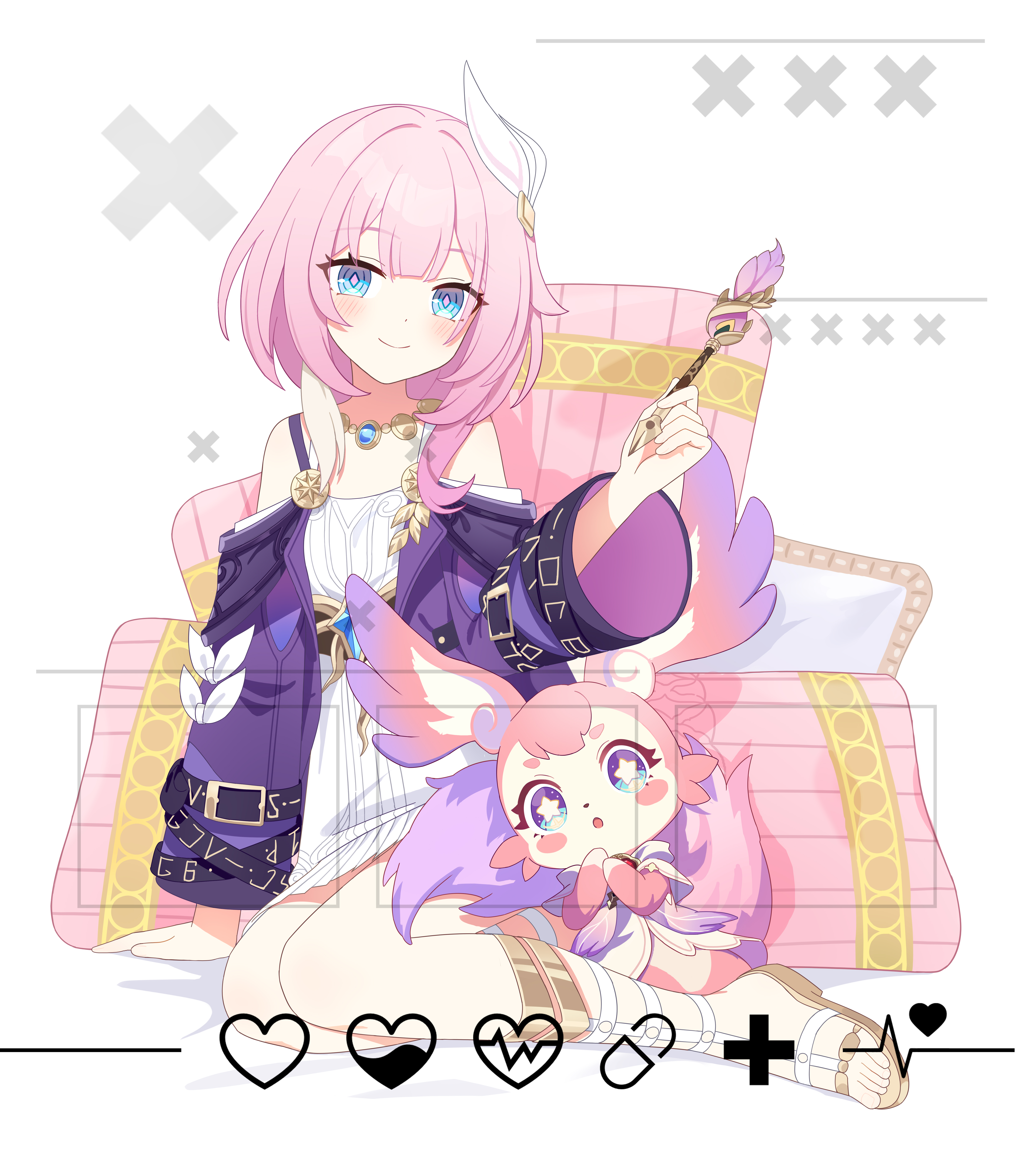 mou banlangen, cyrene (honkai: star rail), mem (honkai: star rail), honkai: star rail, honkai (series), absurdres, highres, 1girl, :o, bare shoulders, blue eyes, blush, breasts, closed mouth, coat, dress, hair ornament, holding, holding quill, jewelry, medium hair, multicolored hair, necklace, pink hair, quill, short hair, sitting, smile, solo, two-tone hair, white hair