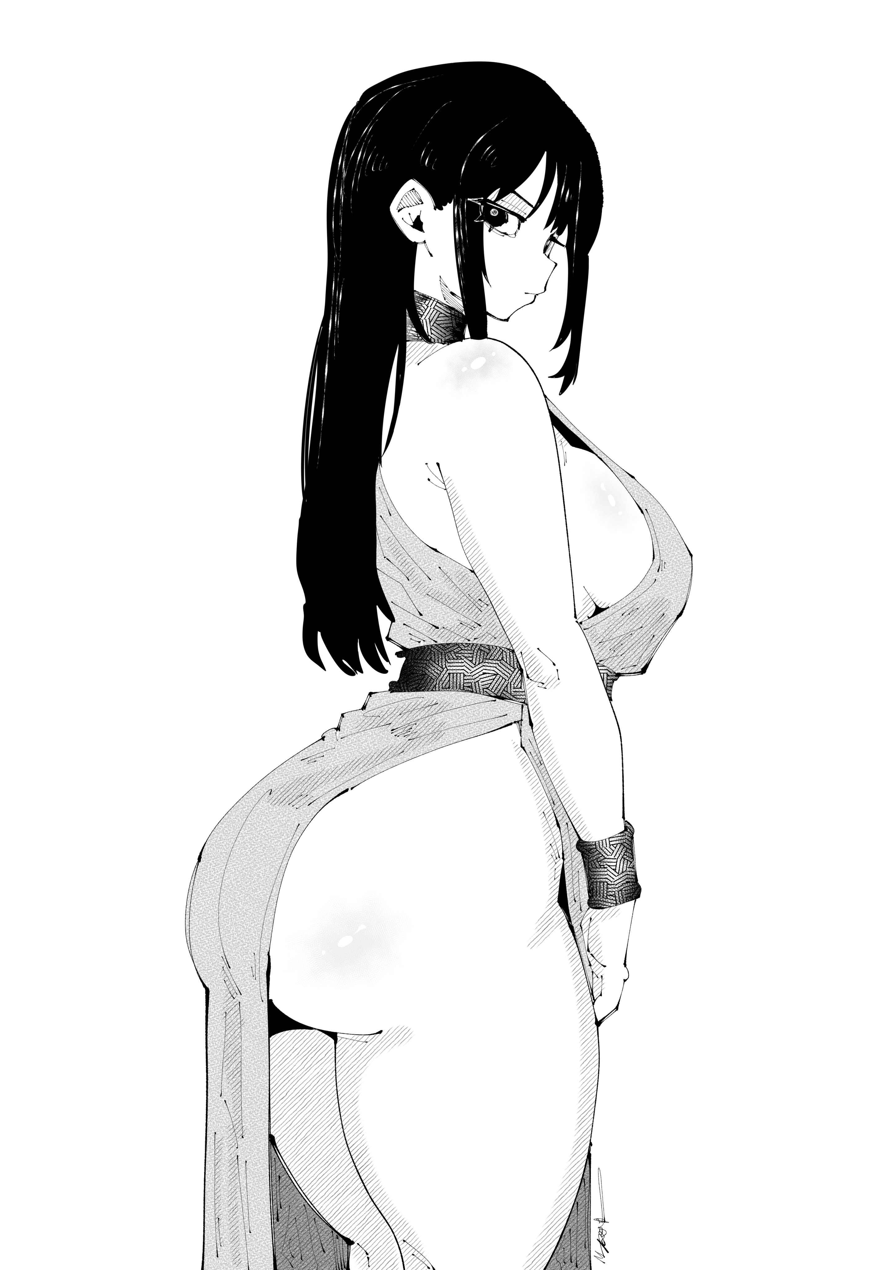 miregeist, original, absurdres, commentary, highres, symbol-only commentary, 1girl, ass, breasts, closed mouth, cowboy shot, dress, from side, greyscale, large breasts, long hair, looking at viewer, monochrome, profile, sideboob, sideways glance, signature, simple background, solo, standing, very long hair