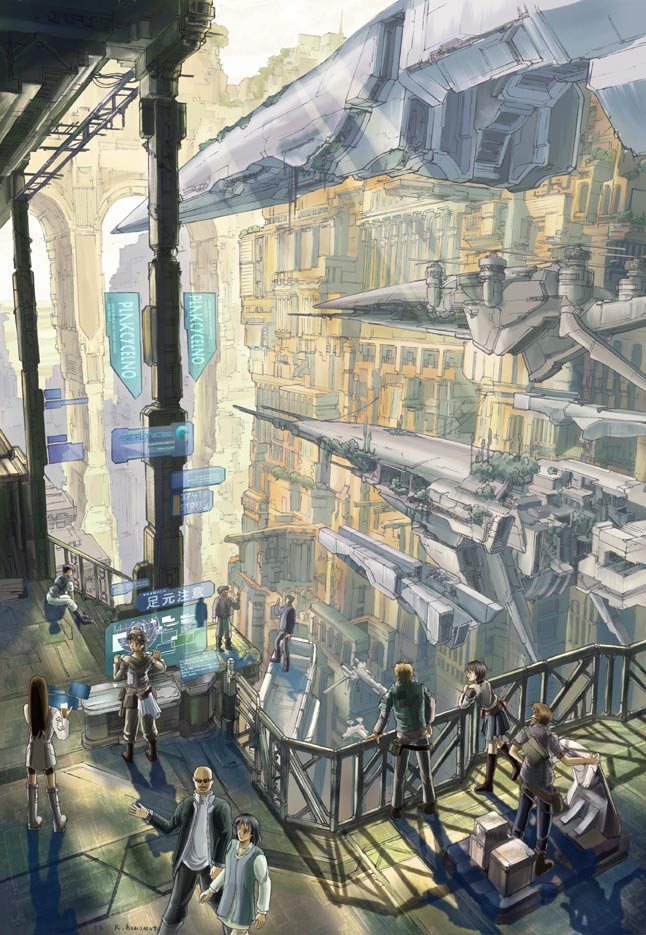 k kanehira, original, light, 3girls, 6+boys, aircraft, airship, city, cityscape, flying, light rays, multiple boys, multiple girls, railing, scenery, science fiction, sign, sky, sunbeam, sunlight