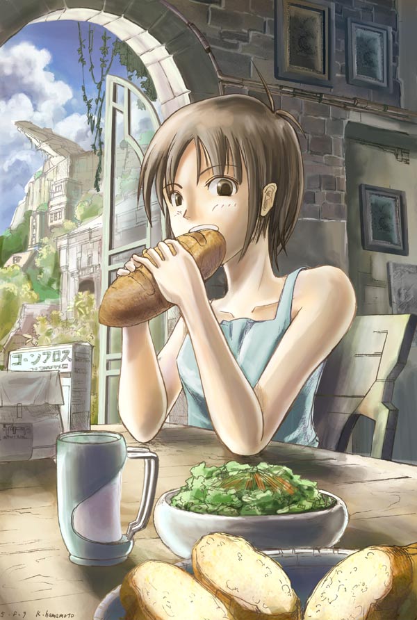 k kanehira, 1girl, bowl, bread, brown eyes, brown hair, camisole, chair, cityscape, cloud, cup, day, eating, food, indoors, picture frame, ruins, scenery, sky, table