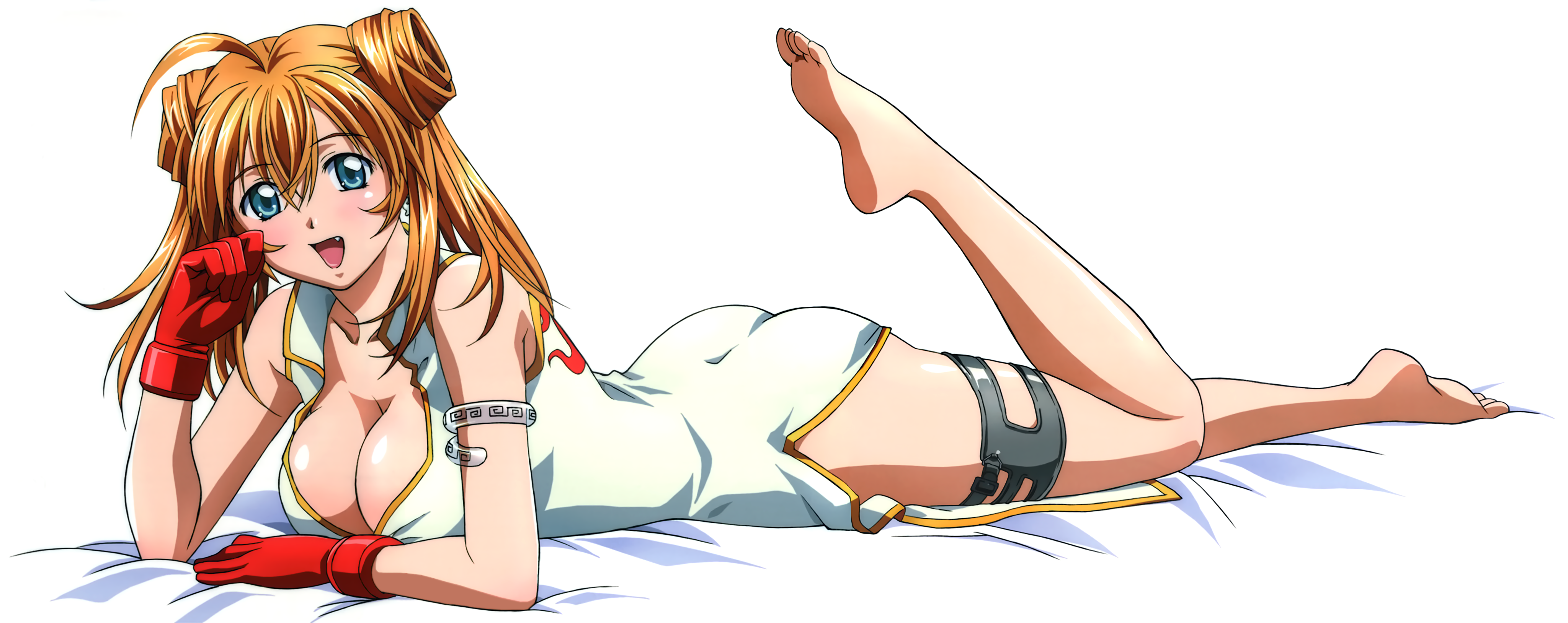 rin-sin, sonsaku hakufu, ikkitousen, absurdres, highres, long image, official art, scan, wide image, 00s, 1girl, :d, ahoge, alternate hairstyle, armlet, ass, bare shoulders, barefoot, blonde hair, blue eyes, blush, breasts, china dress, chinese clothes, cleavage, clenched hand, dakimakura (medium), double bun, dress, earrings, fang, feet, female focus, from side, full body, gloves, hair between eyes, hair bun, happy, jewelry, large breasts, leg up, long hair, lying, magatama, on bed, open mouth, orange hair, red gloves, red hair, side slit, single earring, sleeveless, sleeveless dress, smile, soles, solo, thigh strap, transparent, twintails, white dress