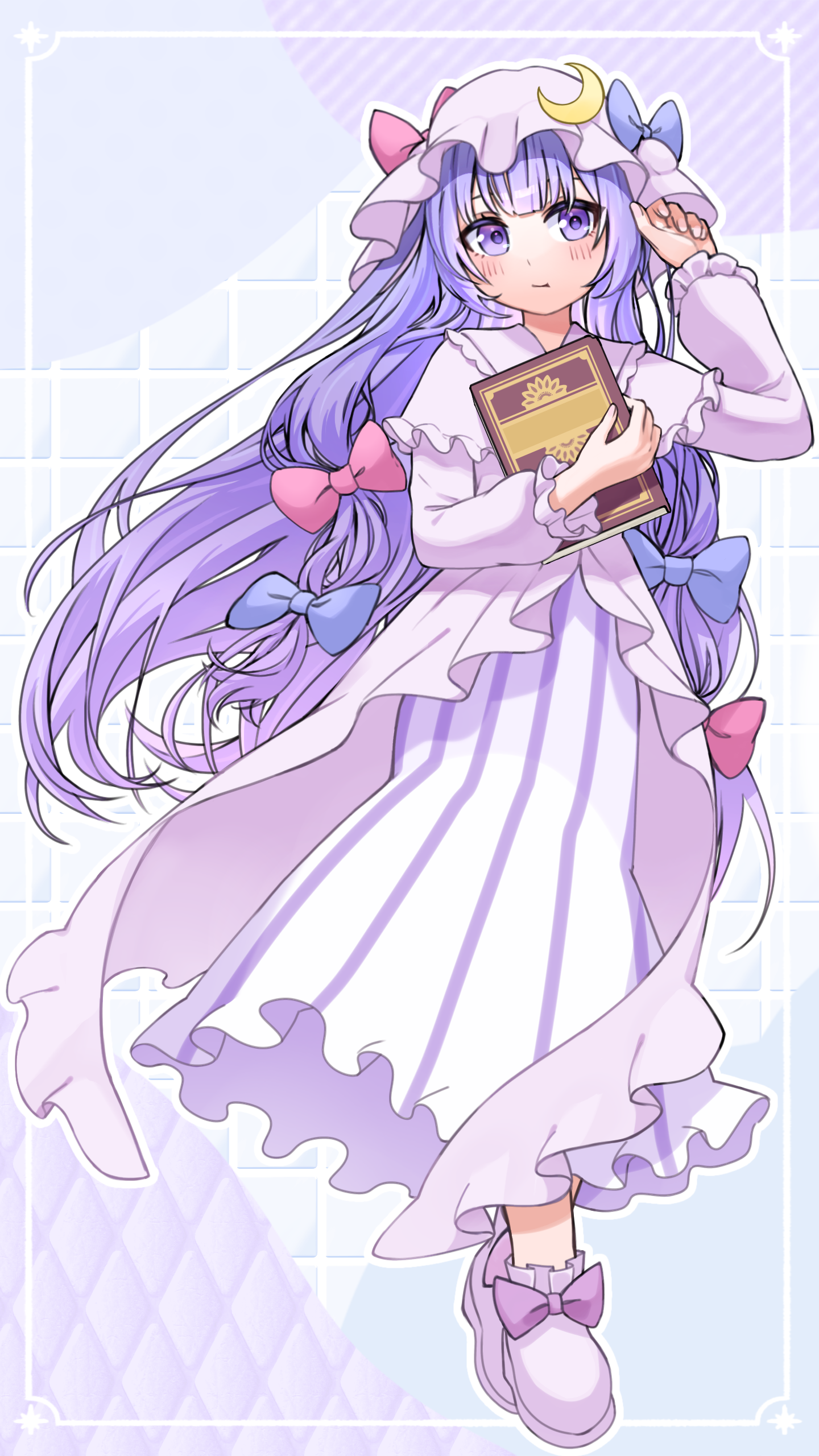 mayu25 mayu25, patchouli knowledge, touhou, absurdres, commentary, highres, 1girl, blue bow, blush, book, boots, bow, capelet, crescent, crescent hat ornament, dress, footwear bow, full body, hair bow, hat, hat ornament, holding, holding book, long hair, long sleeves, looking at viewer, mob cap, multiple hair bows, pink boots, pink bow, pink capelet, pink dress, pink hat, purple bow, purple eyes, purple hair, solo, striped clothes, striped dress, vertical-striped clothes, vertical-striped dress, very long hair
