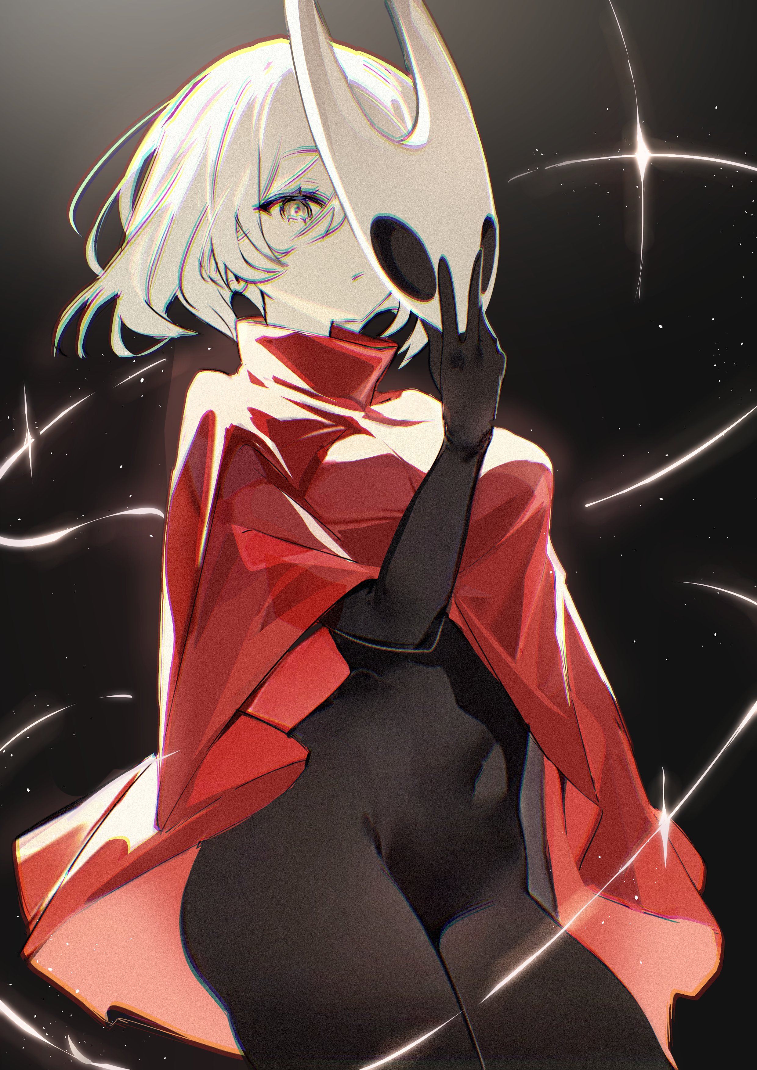 woppuru, hornet (hollow knight), hollow knight, hollow knight: silksong, absurdres, commentary, highres, 1girl, black background, bodystocking, breasts, chromatic aberration, cloak, closed mouth, covered navel, cowboy shot, grey eyes, grey hair, holding, holding mask, horned mask, humanization, light particles, looking at viewer, mask, medium breasts, one eye covered, red cloak, short hair, solo, standing, unworn mask, wire