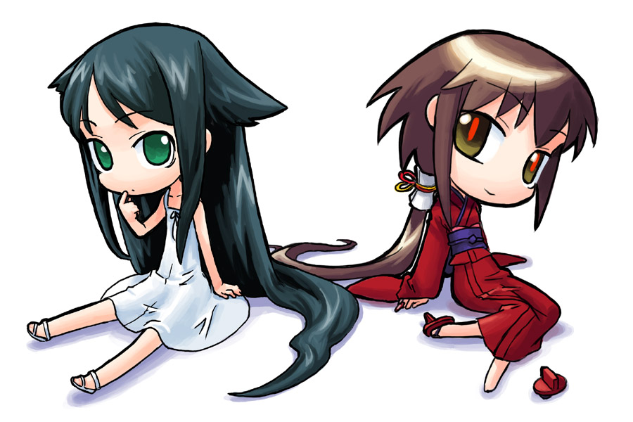 hirai yukio, kurame, saya (saya no uta), futaba channel, guro cure, kusari hime: euthanasia, saya no uta, wonder festival, archived source, bad link, 2girls, arm at side, bare arms, bare shoulders, black ribbon, brown hair, chibi, closed mouth, collarbone, dress, dress ribbon, finger to face, fingernails, full body, geta, green eyes, green hair, hair flaps, hair tubes, hand on ground, head tilt, impasto, japanese clothes, kimono, knees together feet apart, legs apart, long fingernails, long hair, long sidelocks, long sleeves, looking at viewer, mizuhiki, multiple girls, no nose, no pupils, obi, obiage, obijime, parted bangs, ponytail, red kimono, red nails, red pupils, red ribbon, red sandals, red sleeves, ribbon, sandals, sash, sidelocks, simple background, single bare foot, single hair tube, sitting, skinny, slit pupils, sundress, tengu-geta, unworn sandals, very long hair, white background, white dress, white sandals, wide sleeves, yellow eyes, yellow ribbon, yokozuwari