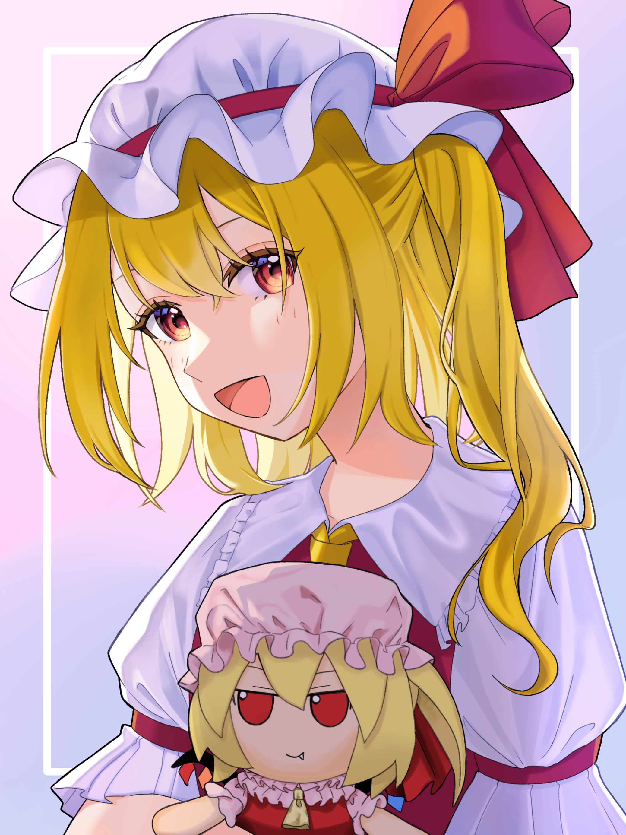 mayu25 mayu25, flandre scarlet, touhou, absurdres, commentary, highres, 1girl, ascot, blonde hair, character doll, collared shirt, doll, frilled shirt collar, frills, fumo (doll), hat, hat ribbon, looking at viewer, mob cap, one side up, open mouth, red eyes, red vest, ribbon, shirt, smile, solo, vest, white hat, yellow ascot