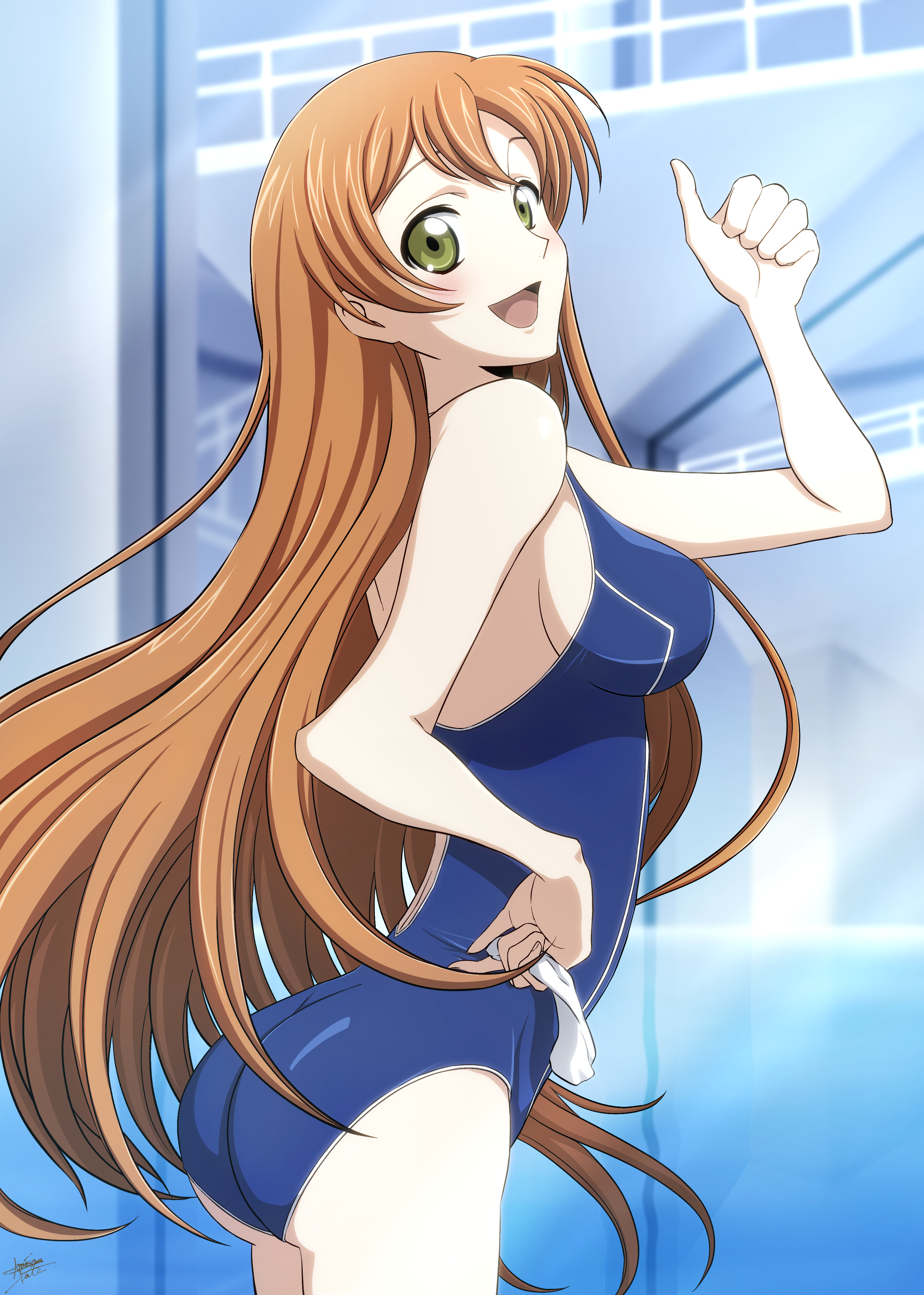 shirley fenette, code geass, absurdres, commentary request, highres, 1girl, :d, adjusting clothes, adjusting swimsuit, arimadate, ashford academy swimsuit, ass, breasts, competition school swimsuit, competition swimsuit, from behind, green eyes, indoors, long hair, looking at viewer, looking back, medium breasts, official alternate costume, one-piece swimsuit, open mouth, orange hair, red hair, school swimsuit, smile, solo, swimsuit, thumbs up, unworn swim cap