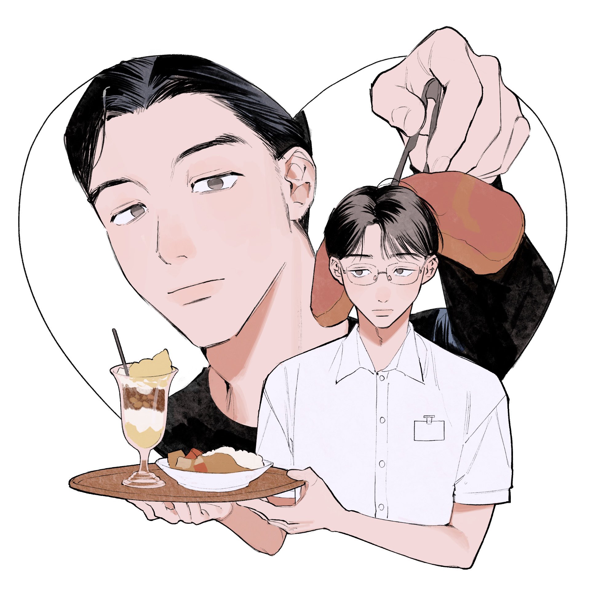 amo (amo 0514), chinese commentary, commentary request, food request, highres, 2boys, black hair, black shirt, brown eyes, brown hair, closed mouth, collared shirt, cropped torso, cup, drinking glass, fingernails, food, glasses, hand up, heart, holding, holding tongs, holding tray, karaoke iko!, long sleeves, looking at viewer, looking to the side, male focus, meat, multiple boys, name tag, narita kyouji, oka satomi, parfait, parted bangs, parted hair, plate, shirt, short hair, short sleeves, sideburns, sideways glance, simple background, tongs, tray, upper body, white background, white shirt
