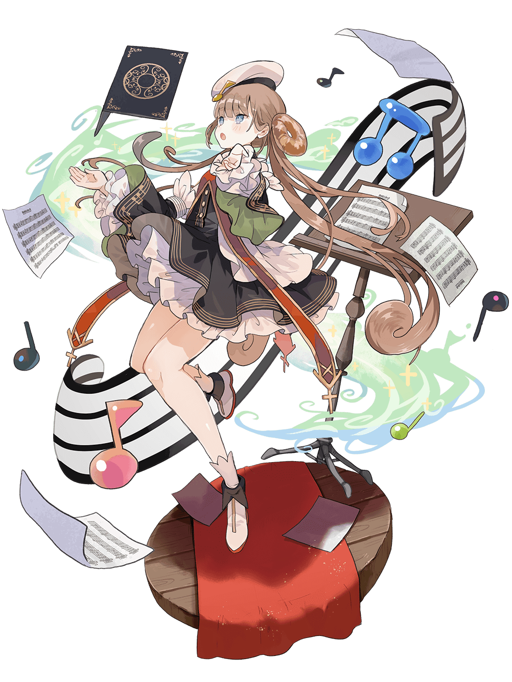 food fantasy, highres, official art, third-party source, 1girl, :o, bagel, bagel (food fantasy), blue eyes, brown hair, dress, food-themed hair ornament, full body, hair ornament, hat, looking afar, musical note, open mouth, sheet music, shoes, simple background, solo, tongue, transparent background, twintails, white hat, white shoes
