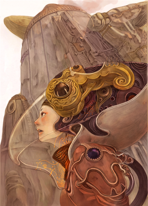mikan yuzuko, tagme, traditional media, city, fantasy, science fiction, solo, spacesuit