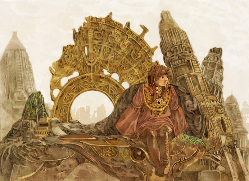 mikan yuzuko, traditional media, fantasy, ruins, scenery, science fiction, sitting, solo