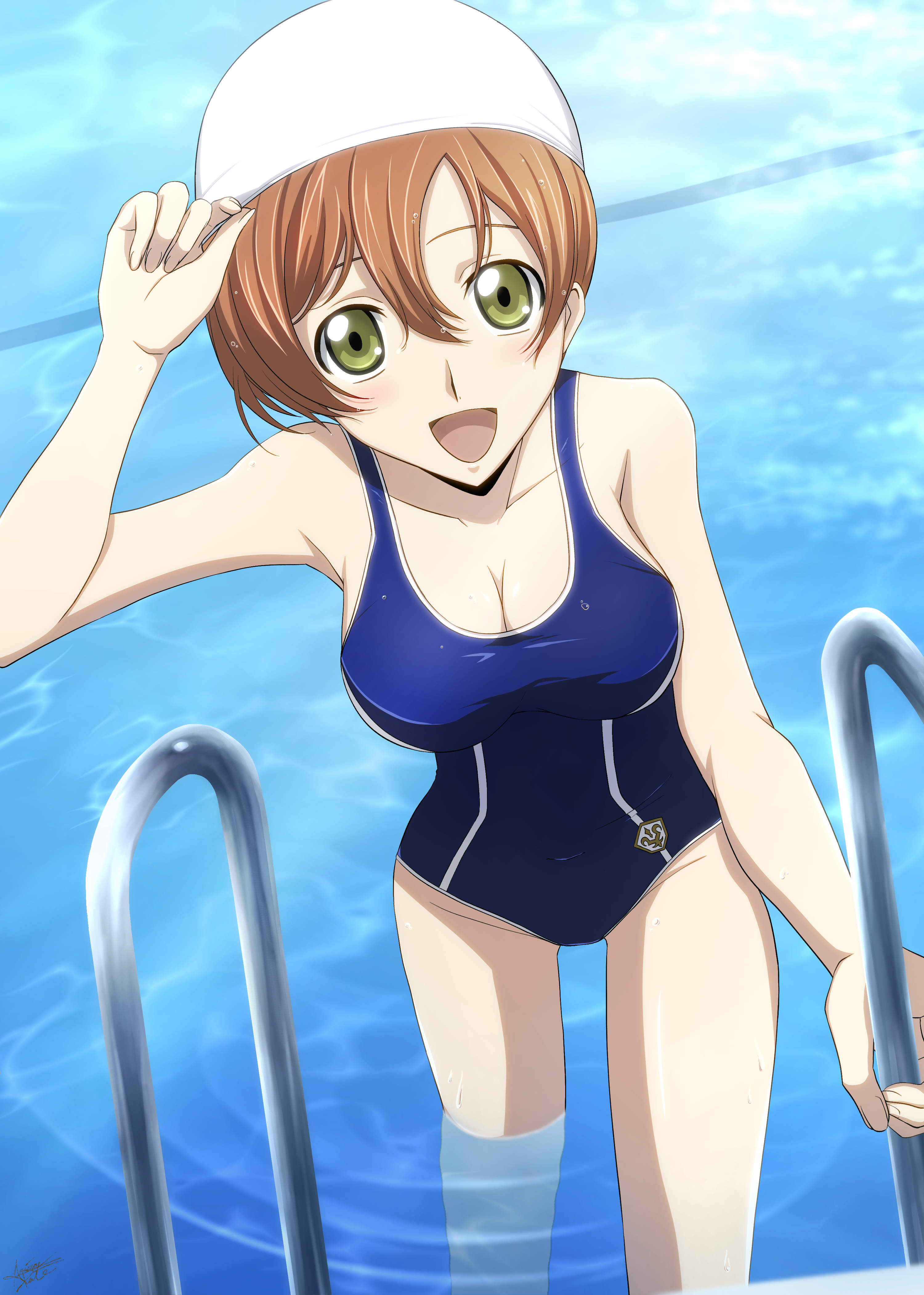 shirley fenette, code geass, absurdres, commentary request, highres, 1girl, :d, arimadate, ashford academy swimsuit, blue one-piece swimsuit, blush, breasts, competition school swimsuit, competition swimsuit, green eyes, hair between eyes, indoors, looking at viewer, medium breasts, one-piece swimsuit, open mouth, orange hair, poolside, print swimsuit, railing, red hair, school swimsuit, shiny skin, smile, solo, swim cap, swimsuit, thighs, wet
