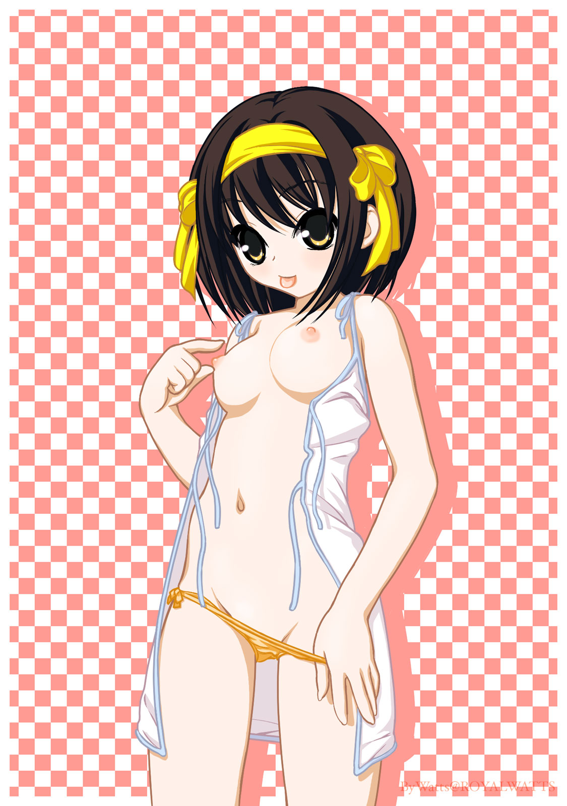 royalwatts, suzumiya haruhi, suzumiya haruhi no yuuutsu, highres, 00s, 1girl, breasts, brown eyes, brown hair, female focus, groin, hairband, nipples, no bra, open clothes, open shirt, panties, panty pull, shirt, short hair, side-tie panties, solo, tongue, underwear