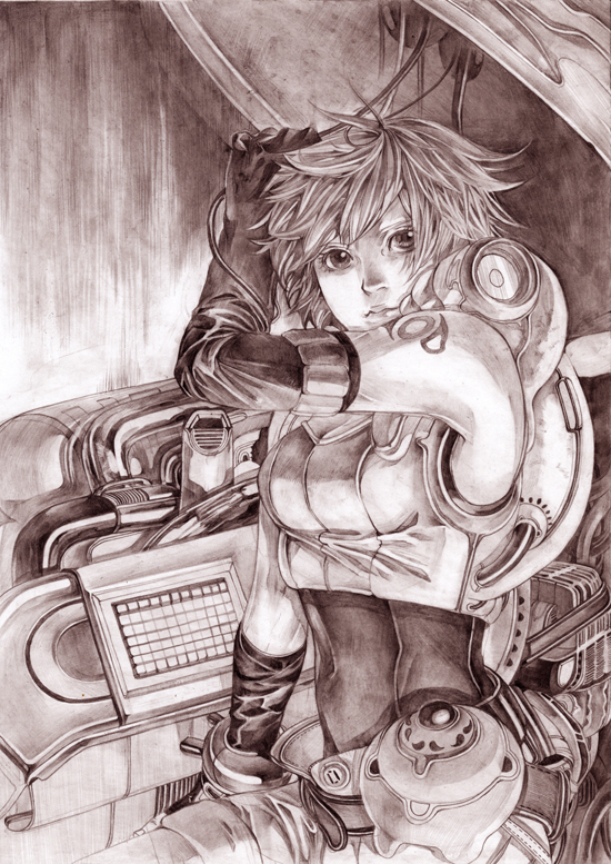 mikan yuzuko, traditional media, 1girl, cable, elbow gloves, female focus, gloves, monochrome, pink theme, science fiction, short hair, solo, tattoo