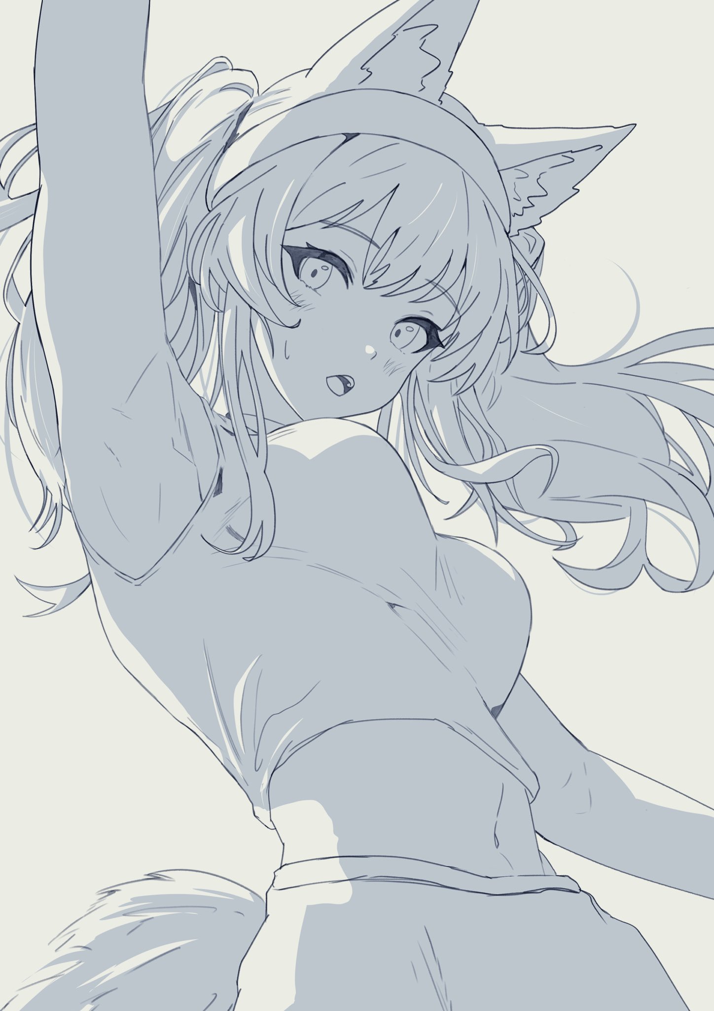 sora mame (princess 0sora), angelina (arknights), infection monitor (arknights), arknights, commentary, highres, symbol-only commentary, 1girl, animal ears, arm up, armpits, border, breasts, coat, fox ears, fox girl, fox tail, greyscale, hairband, long hair, looking at viewer, medium breasts, midriff, monochrome, navel, open mouth, pants, shirt, simple background, sketch, solo, sweat, sweatdrop, tail, teeth, twintails, upper teeth only
