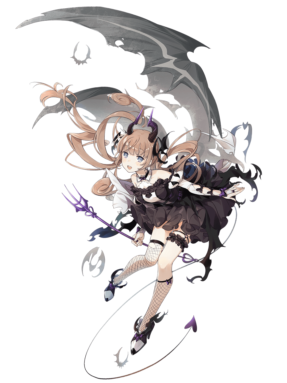 food fantasy, highres, official art, third-party source, 1girl, :d, asymmetrical legwear, bagel (food fantasy), bat (animal), black dress, blue eyes, blush, brown hair, collar, demon girl, demon horns, demon tail, demon wings, detached collar, dress, fishnet thighhighs, fishnets, frilled dress, frilled thigh strap, frills, full body, holding, holding pitchfork, horns, long hair, open mouth, pitchfork, shoes, simple background, smile, solo, tail, teeth, thigh strap, thighhighs, tongue, transparent background, twintails, upper teeth only, white collar, white shoes, wings