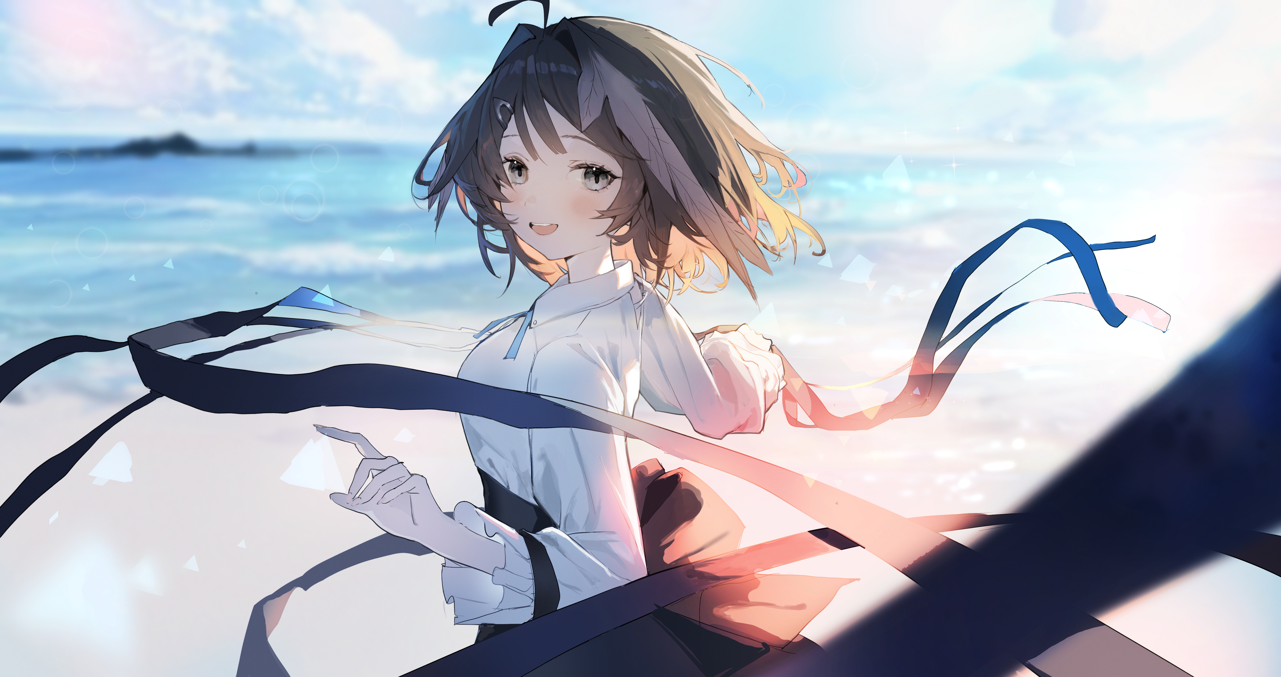 akiyama-mon, la pluma (arknights), arknights, absurdres, chinese commentary, commentary request, highres, 1girl, :d, ahoge, beach, black eyes, black hair, black ribbon, bloom, blue ribbon, blurry, blurry background, blush, collared shirt, day, depth of field, hair intakes, hair ornament, hairclip, long sleeves, looking at viewer, ocean, open mouth, outdoors, ribbon, shirt, short hair, smile, solo, sunlight, water, white shirt