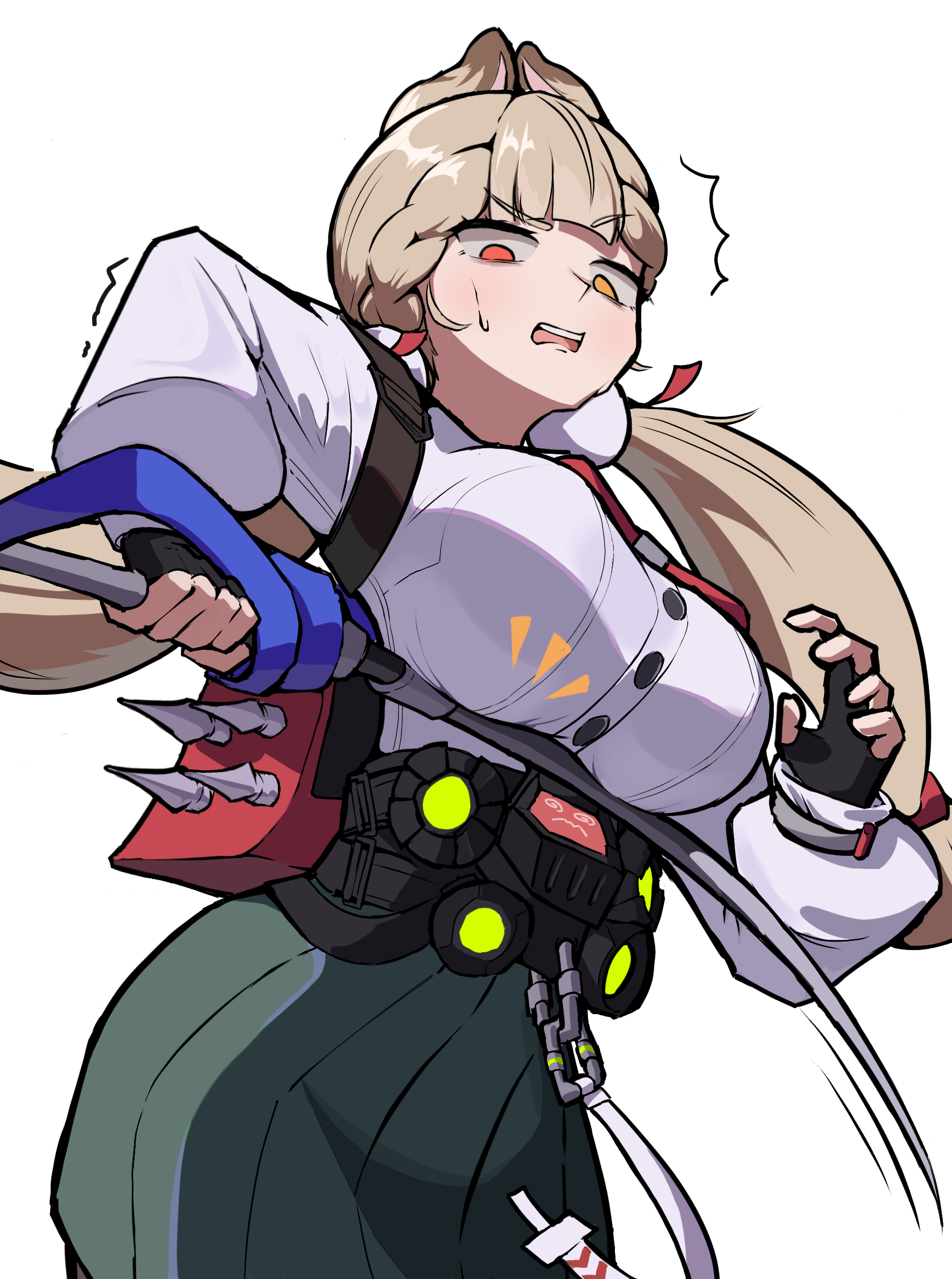 alice thymefield, zenless zone zero, highres, 1girl, animal ears, belt, blonde hair, breasts, chest bow, confused, fingerless gloves, gloves, green skirt, hair ornament, heterochromia, holding, holding weapon, large breasts, long hair, object on breast, open mouth, rabbit ears, rabbit girl, red eyes, shirt, skirt, solo, sphere hair ornament, twintails, user ydwm8228, weapon, white background, white shirt, yellow eyes